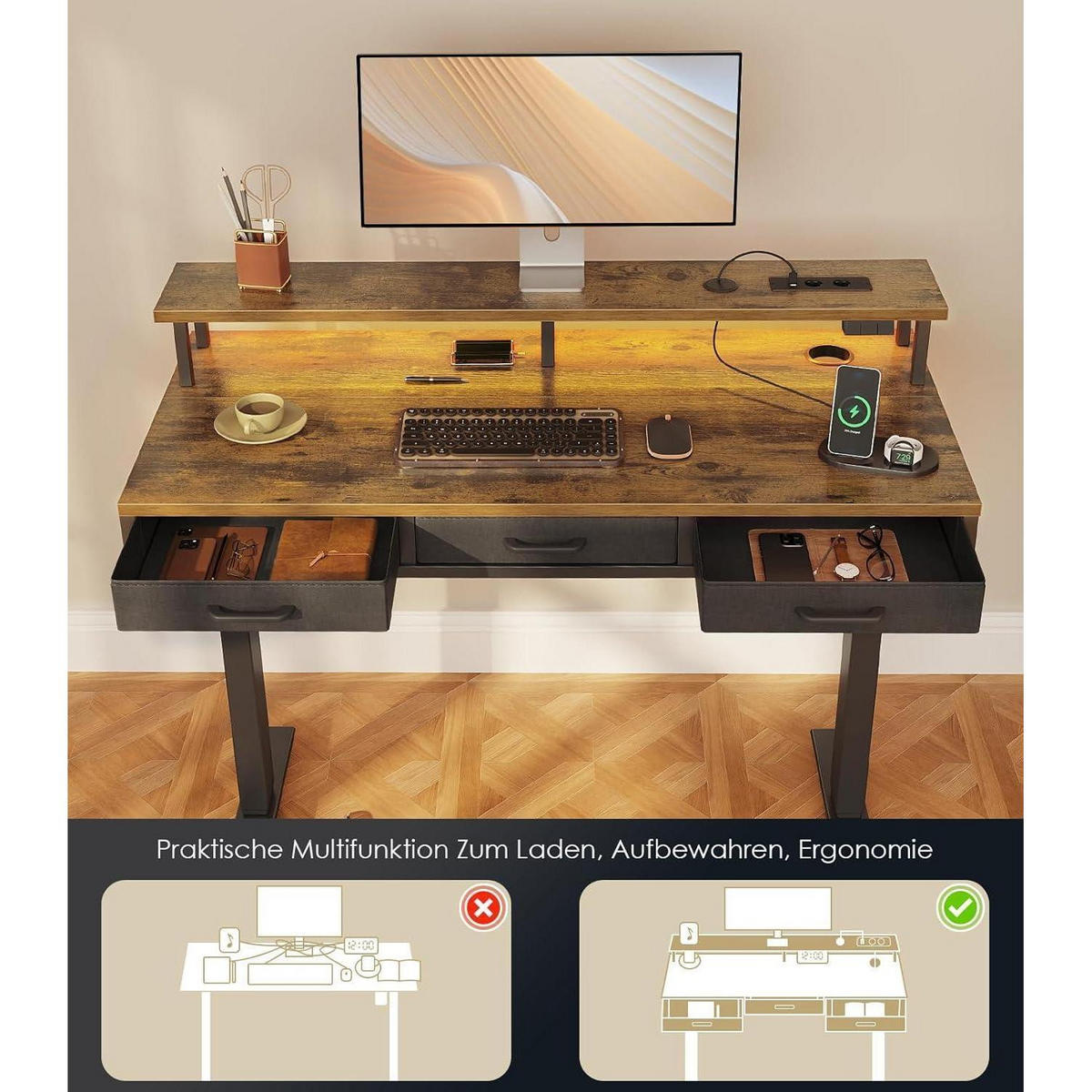 ELEKTRISCHER Schreibtisch mit Schubladen Braun 120 cm - Braun, Holzwerkstoff (54/120/78cm)