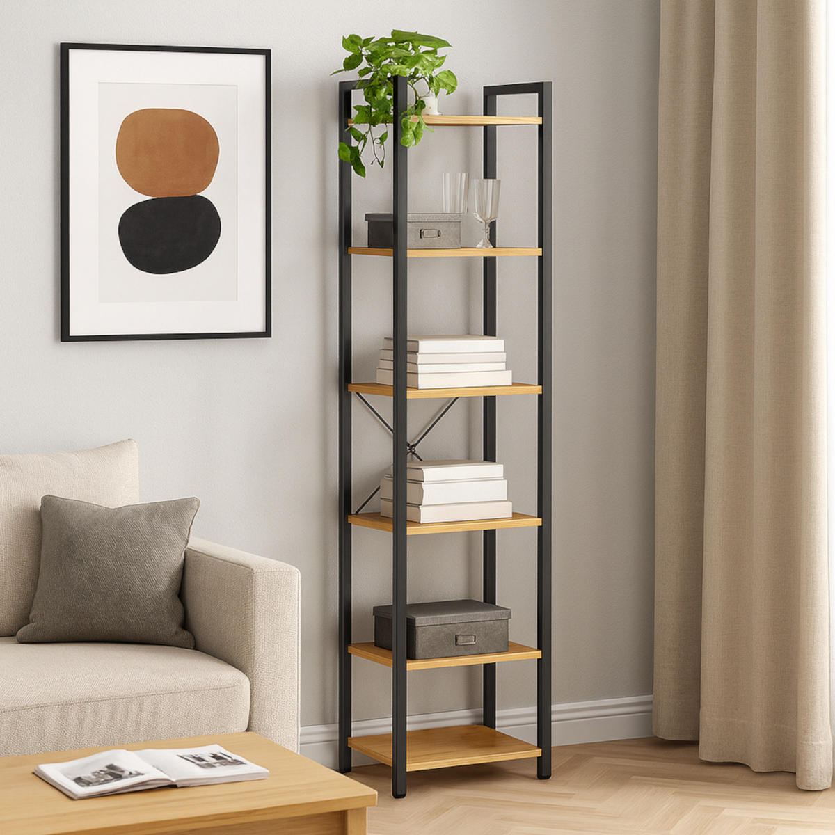 STANDREGAL Holzoptik Metall Eichefarben Schwarz mit 6 Böden 187,5 x 39,5 x 30 cm - Eichefarben/Schwarz, Holzwerkstoff/Metall (40/187.5/30cm) - Begryf