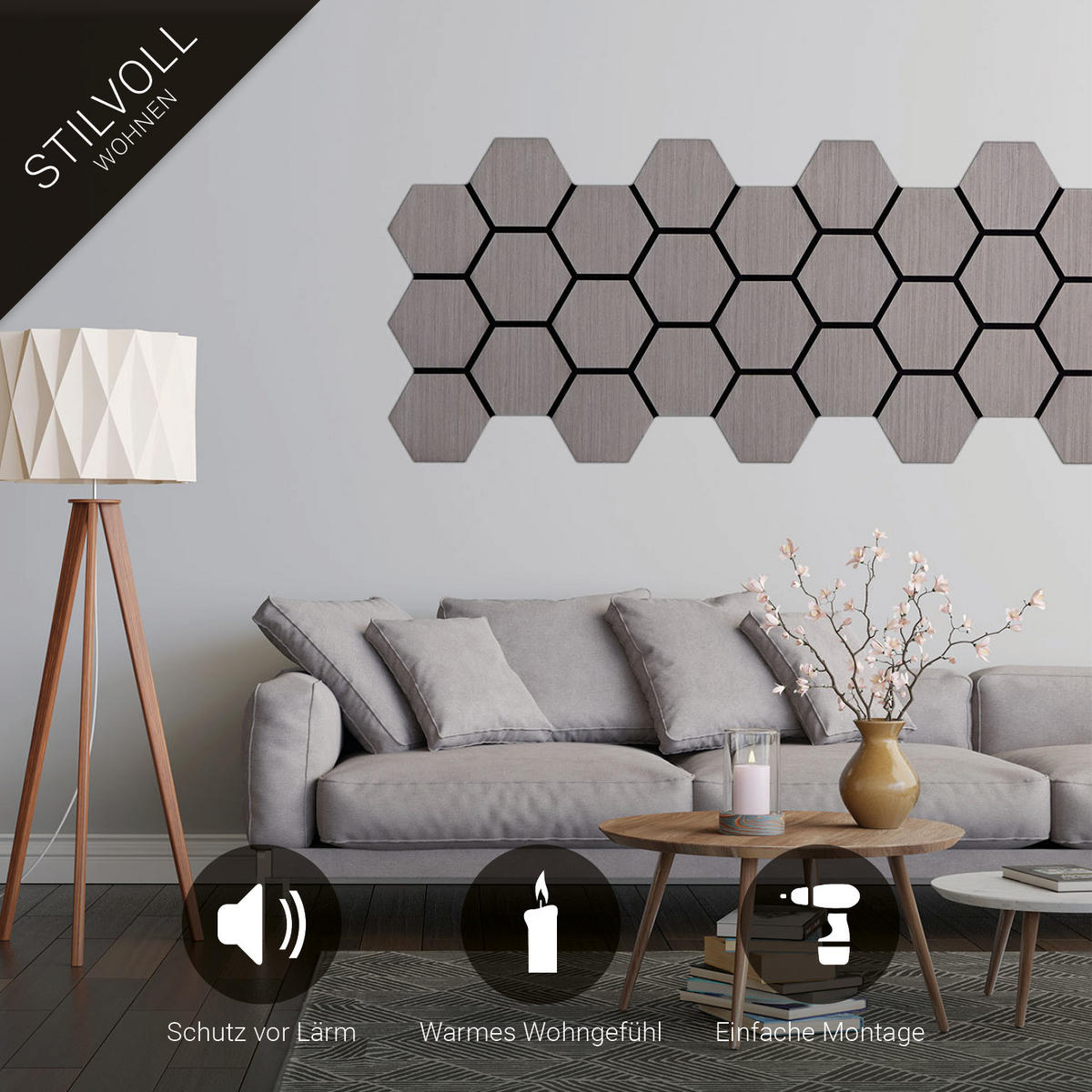 AKUSTIKPANEEL Hexagon Grau 8 Stück - Grau, Holz (62/76/2cm) - Homestyle4u
