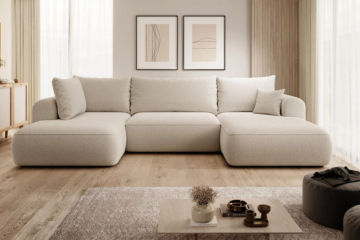 WOHNLANDSCHAFT Ovo Beige Boucle - Beige/Schwarz, Textil (375/95/185cm) - Selsey