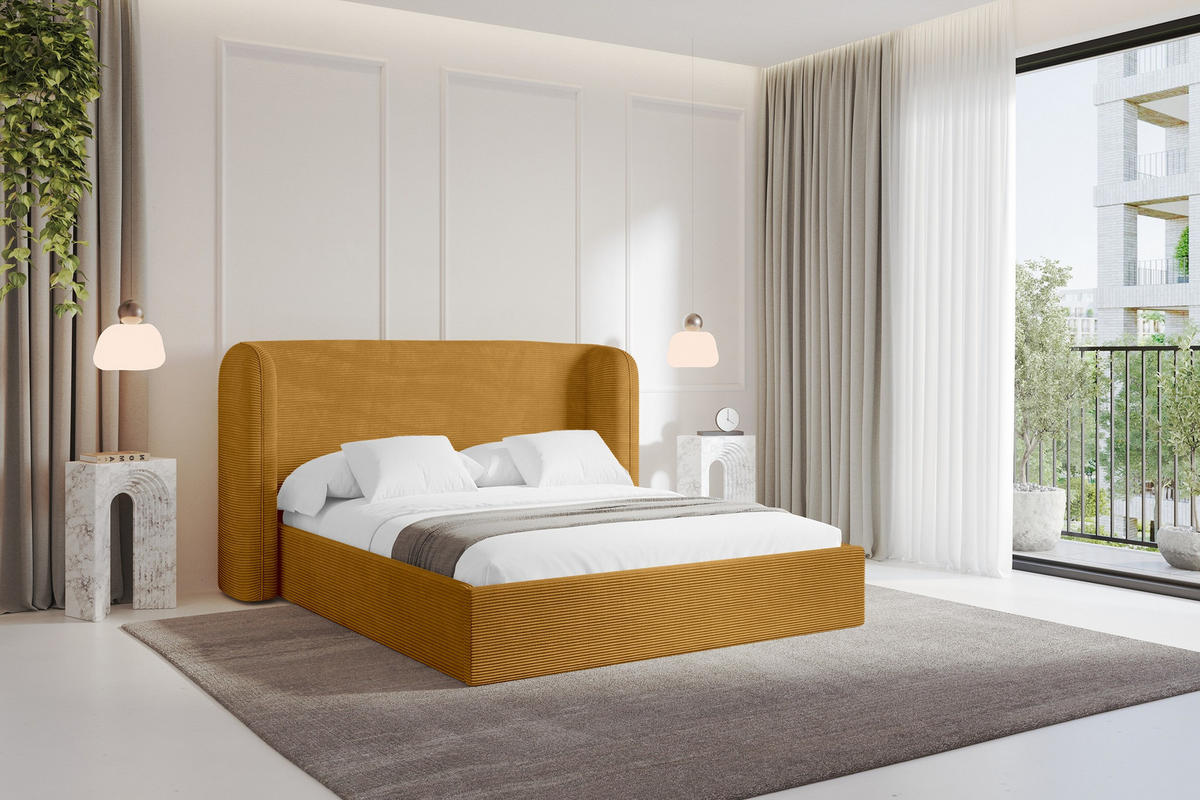 POLSTERBETT mit Bettkasten und Lattenrost, Boxbett ohne Matratze - ESTI 160x200 Senfgelb - Currygelb, Holzwerkstoff/Textil (160/200cm) - ALTDECOR
