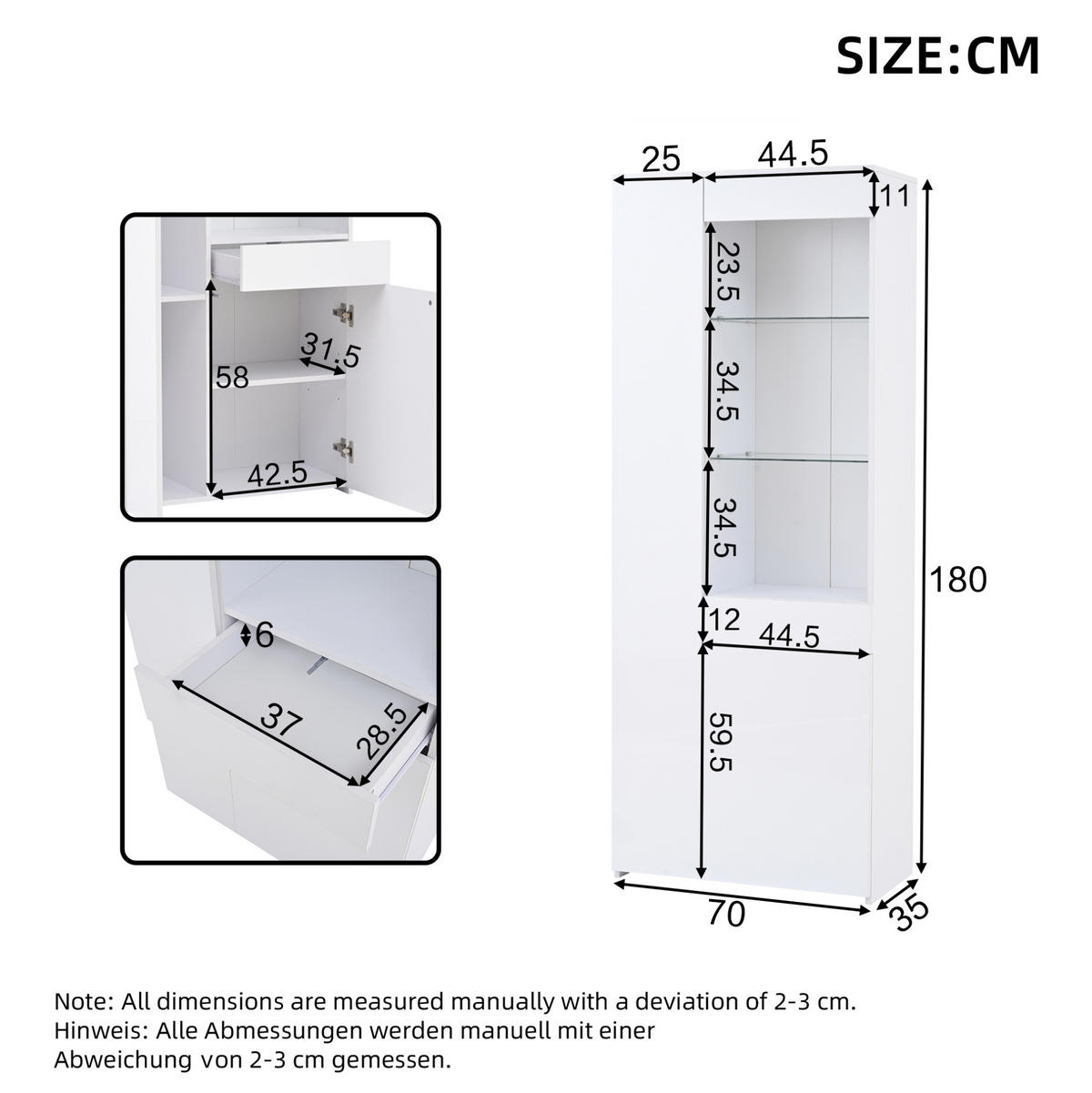 VITRINE 70/35/180 cm in Weiß mit LED-Beleuchtung und Schublade - Weiß, Holzwerkstoff (70/180/35cm) - Flora Grace