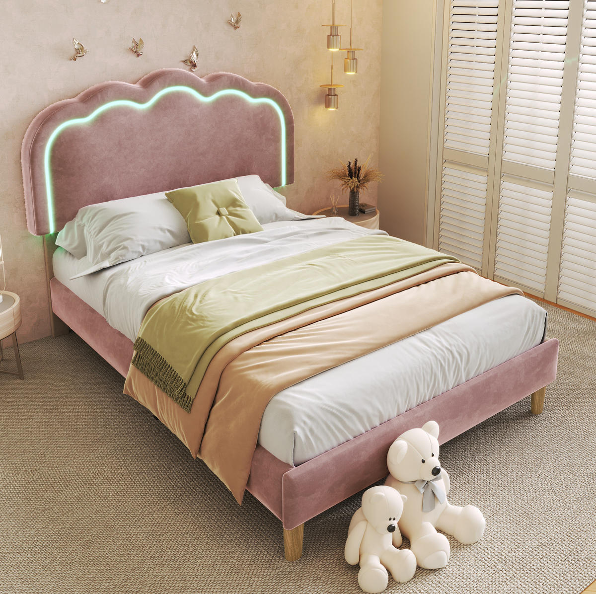 POLSTERBETT 90/200 cm Rosa aus Samt mit LED-Beleuchtung - Pink, Textil (90/200cm) - Flora Grace