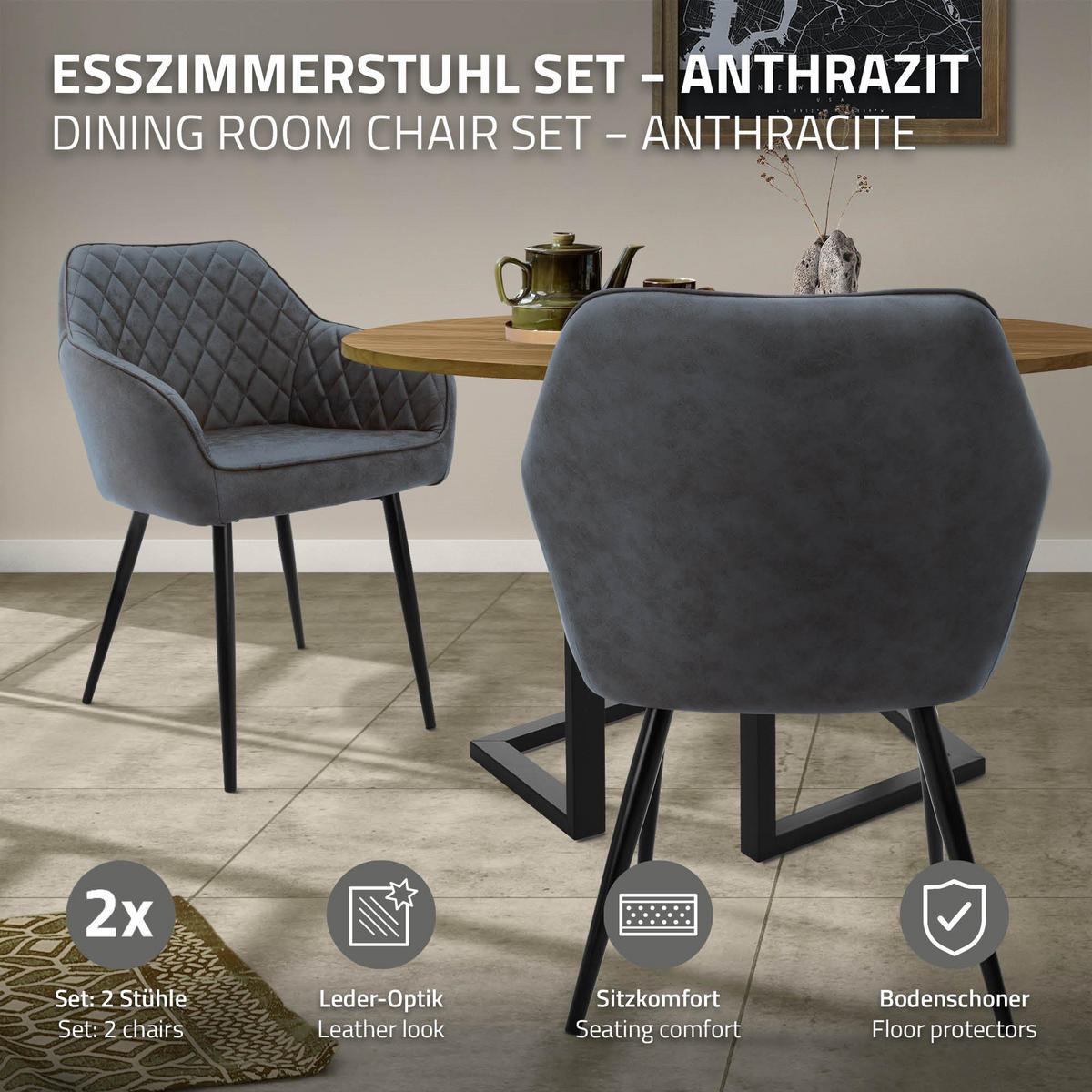 ESSZIMMERSTUHL 6er Set Anthrazit Kunstleder - Anthrazit/Schwarz, Kunststoff/Metall (63/80/60cm) - ML-DESIGN