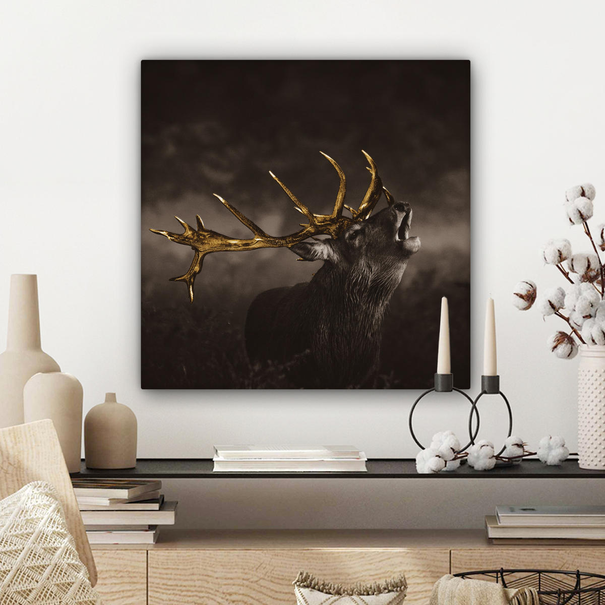 LEINWANDBILD Rotwild - Schwarz - Gold 50x50 cm - Braun, Textil (50/50cm) - MuchoWow