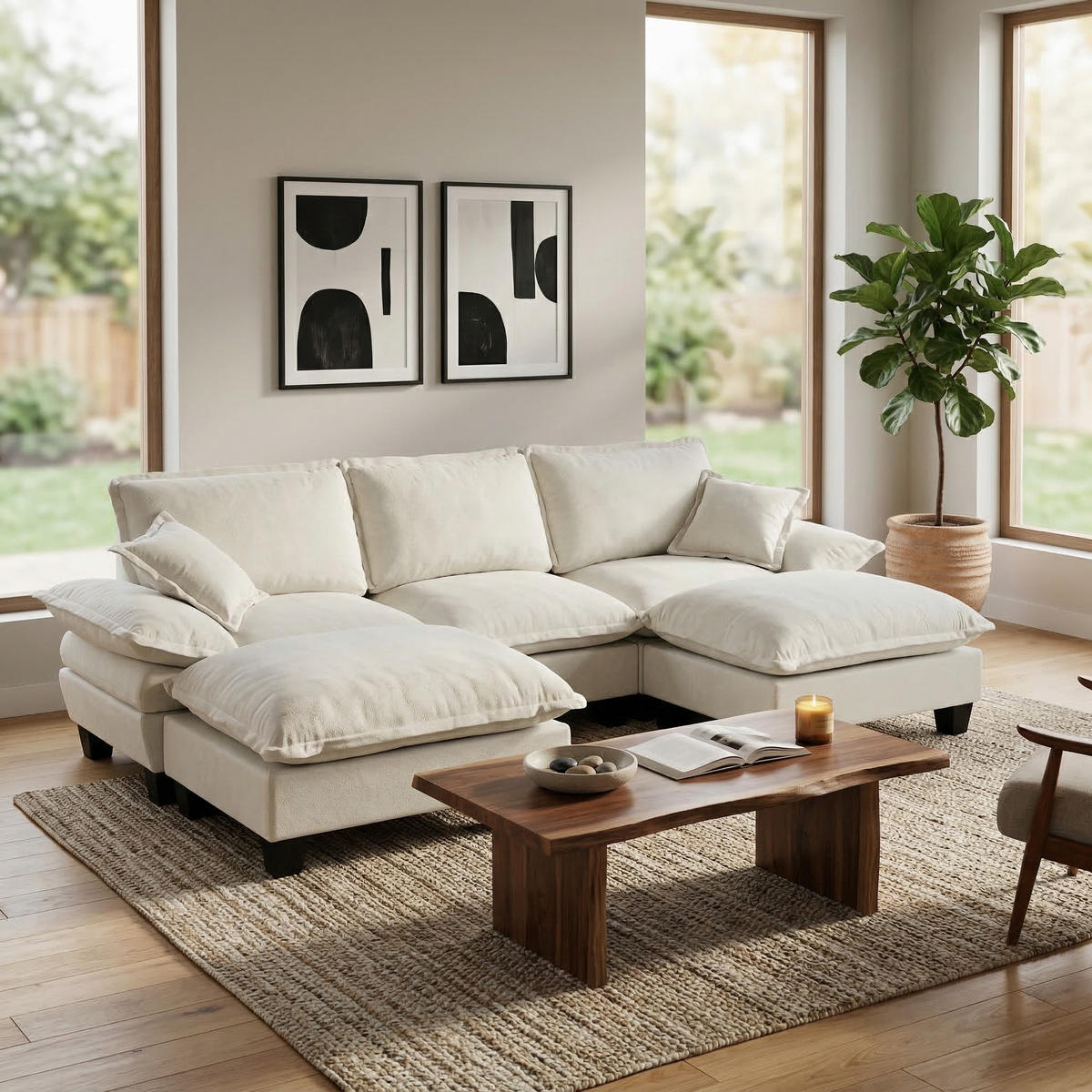 ECKSOFA 263/151/90 cm Beige aus Chenille mit 2 Ottomanen - Beige, Textil (151/263cm) - OKWISH
