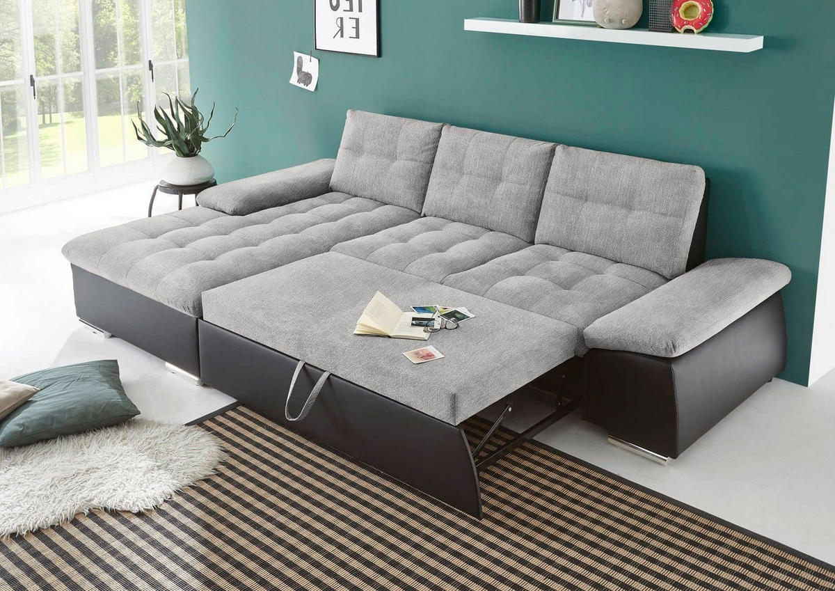 ECKSOFA mit Schlaffunktion und verstellbaren Armlehnen - Chromfarben/Hellgrau, Kunststoff/Textil (268/170cm) - ed exciting design