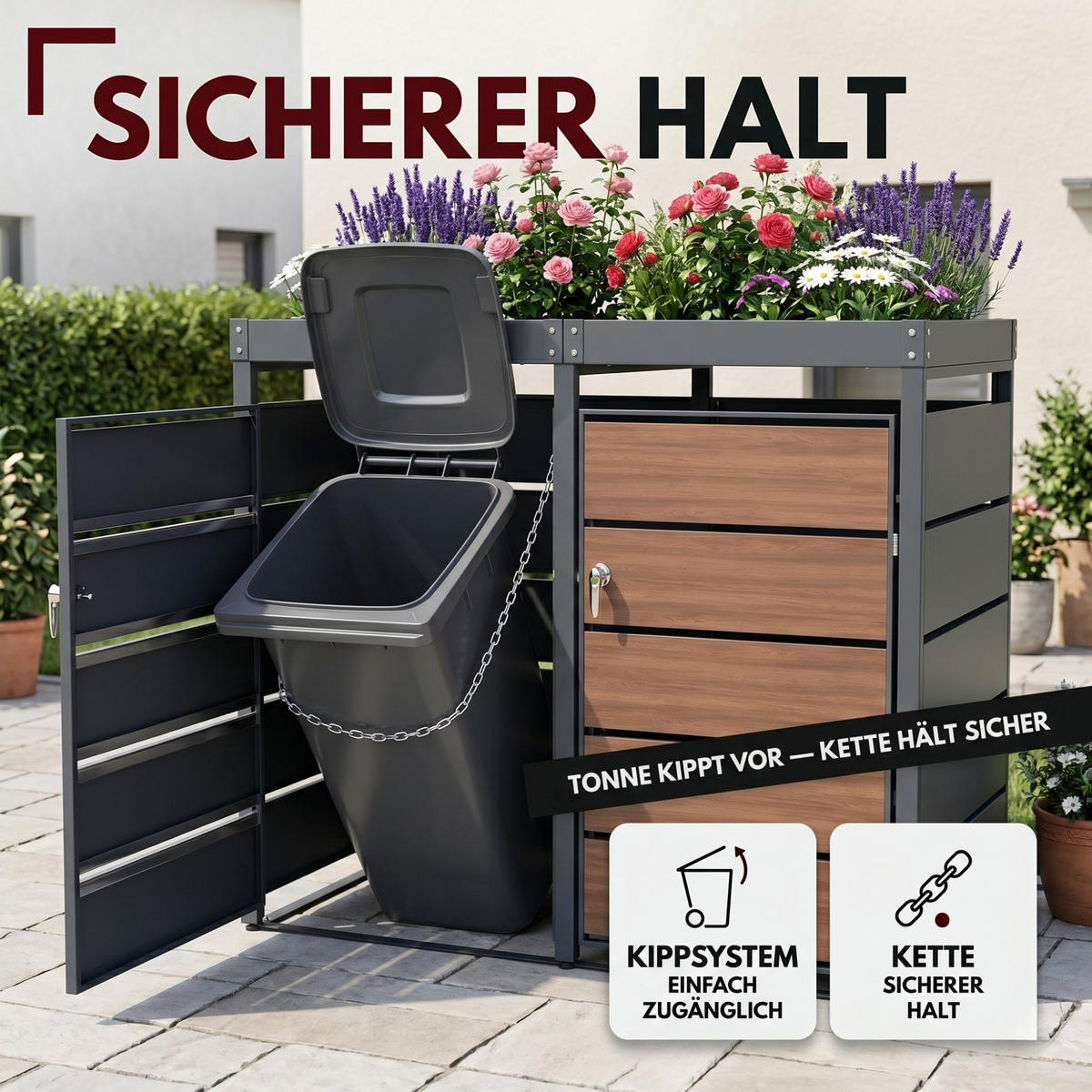 MÜLLTONNENBOX mit Pflanzkasten 2er, MTP2 - Anthrazit, Metall (132/116/80cm) - Albatros