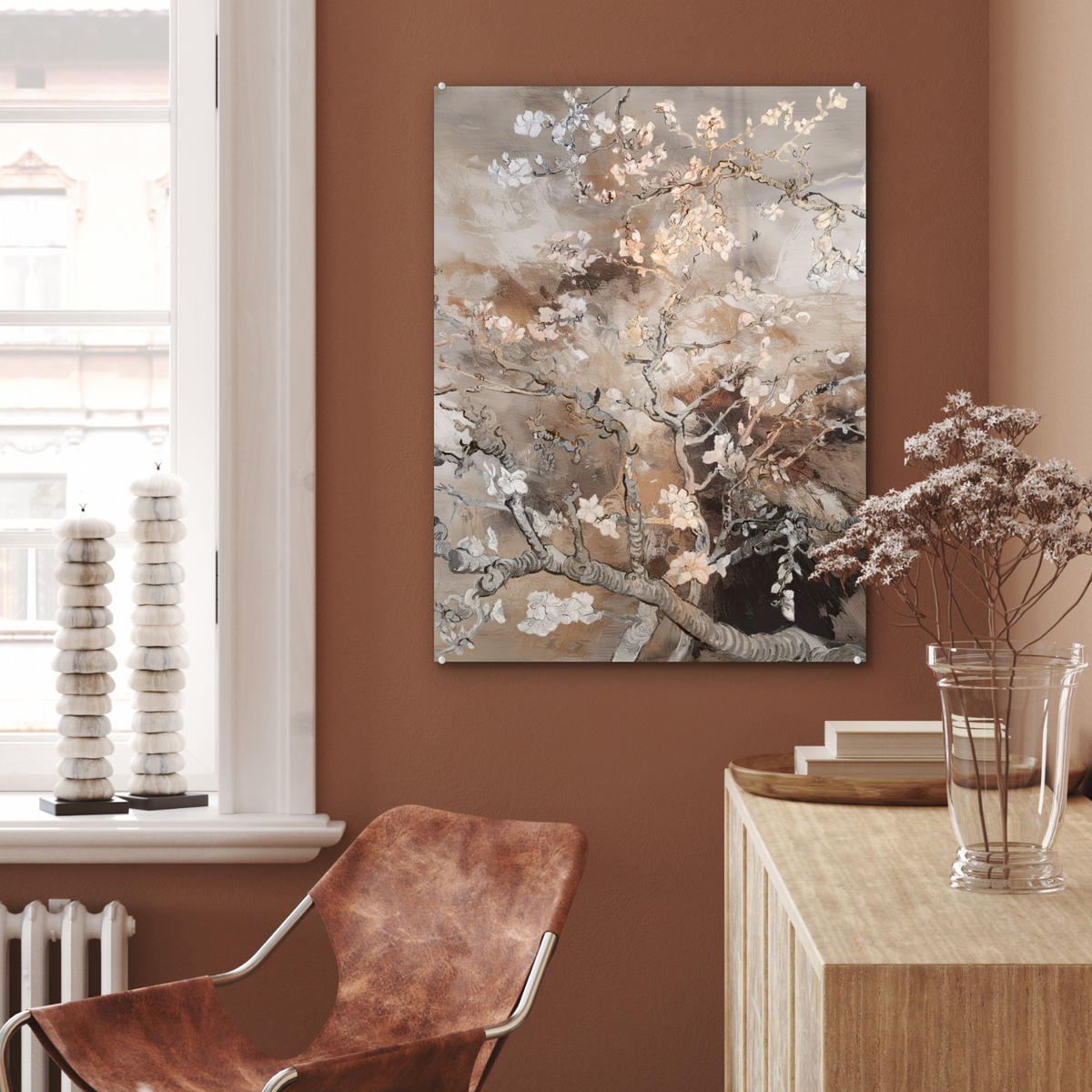 ACRYLGLASBILD Mandelblüte - Kunst - Van Gogh - Beige - Abstrakt 60x80 cm - Braun, Glas (60/80cm) - MuchoWow