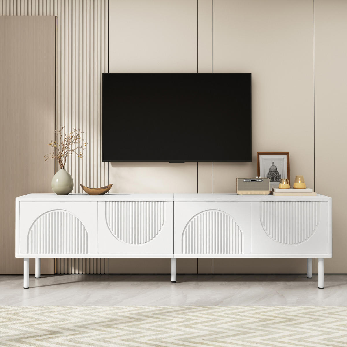 TV-LOWBOARD 180 cm aus MDF, 4 Türen, 3D-Relieffront, Kabelmanagement, Mattweiß - Weiß, Holzwerkstoff (180/52/40cm)