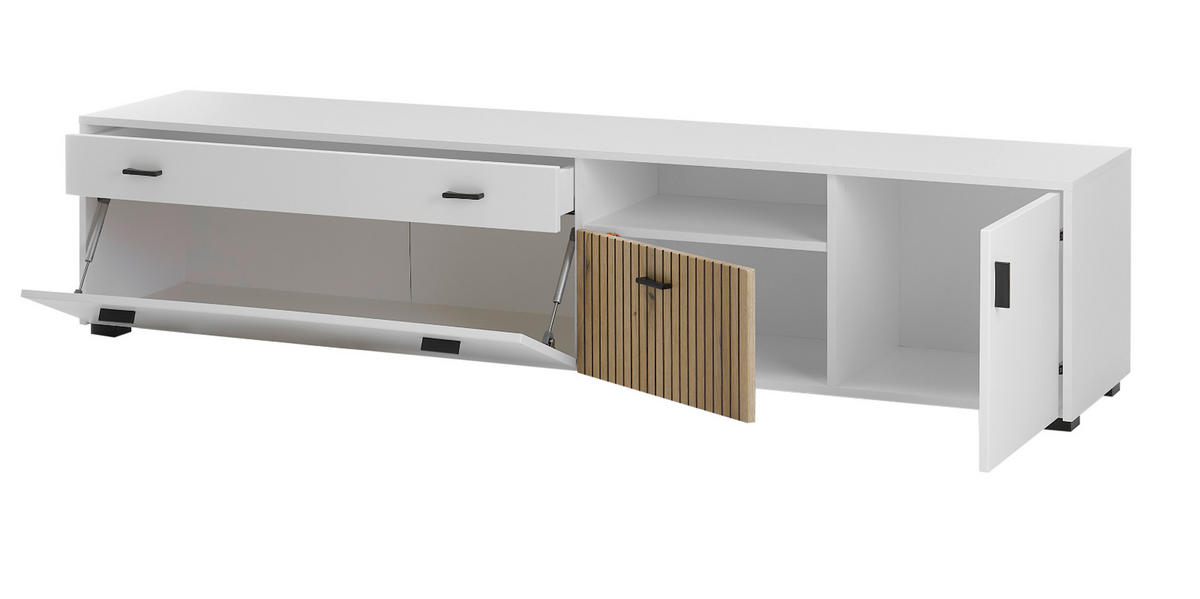 WOHNWAND weiß matt, Eiche 3-teilig 258 x 180 cm, Schrankwand mit viel Stauraum und Soft-Close-Funktion - Eichefarben/Schwarz, Glas/Holzwerkstoff (258/180/42cm)