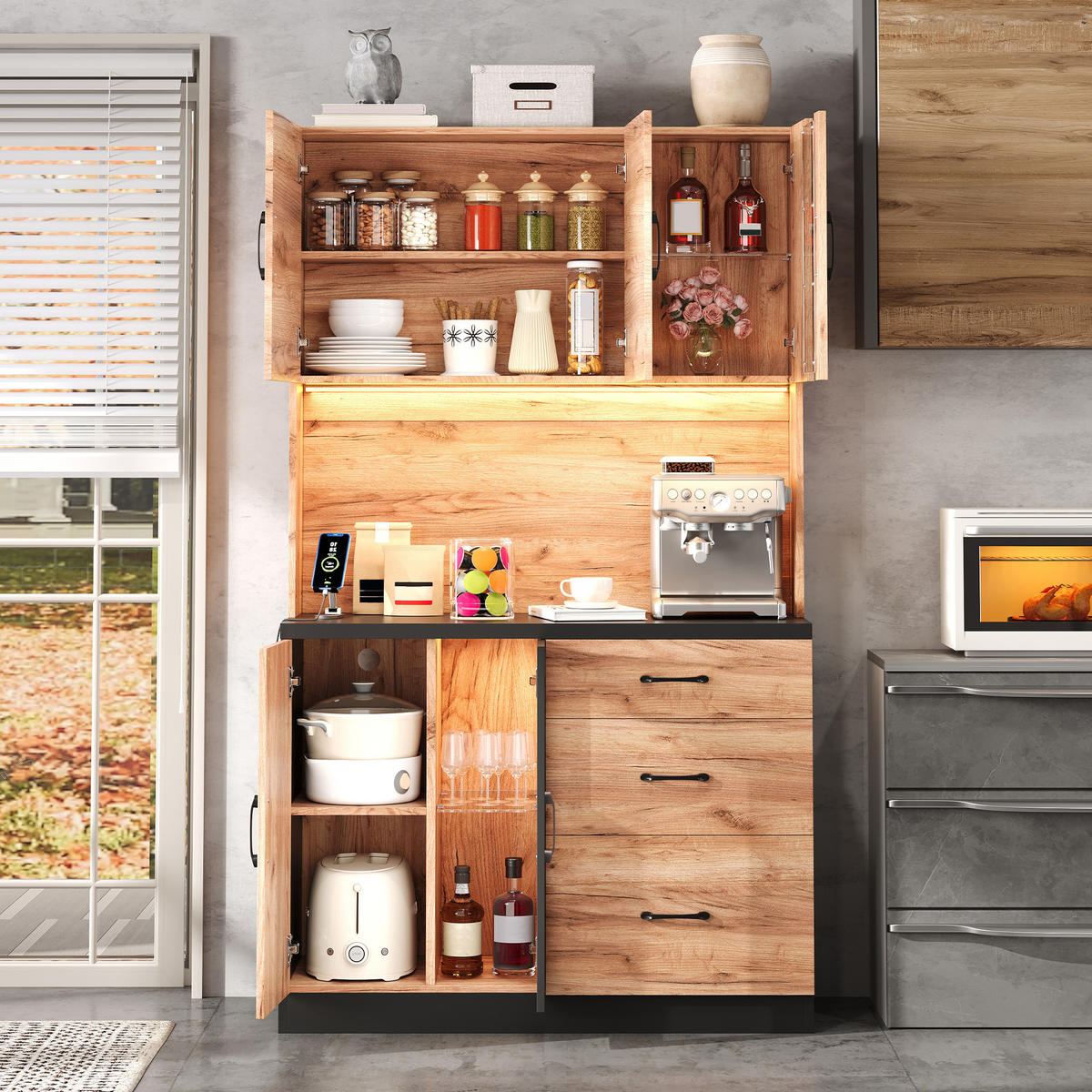 BUFFET 105/40/180 cm Neutral mit LED-Beleuchtung, verstellbaren Einlegeböden und Steckdose im Euro-Stil - Naturfarben, Holz (105/180/40cm) - Oxeza