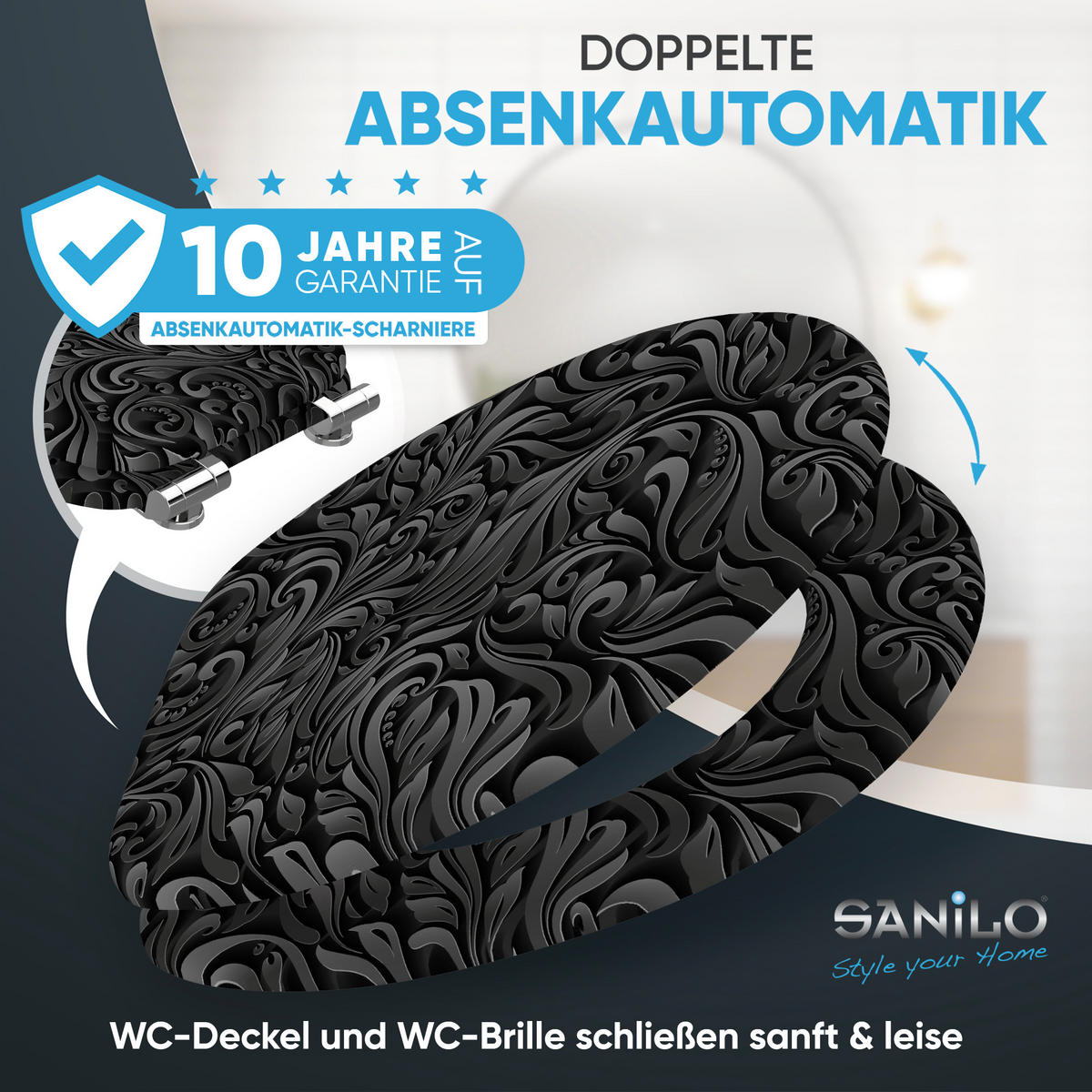 WC Sitz mit Absenkautomatik Floral - Schwarz, Holzwerkstoff (38/6/47cm) - Sanilo
