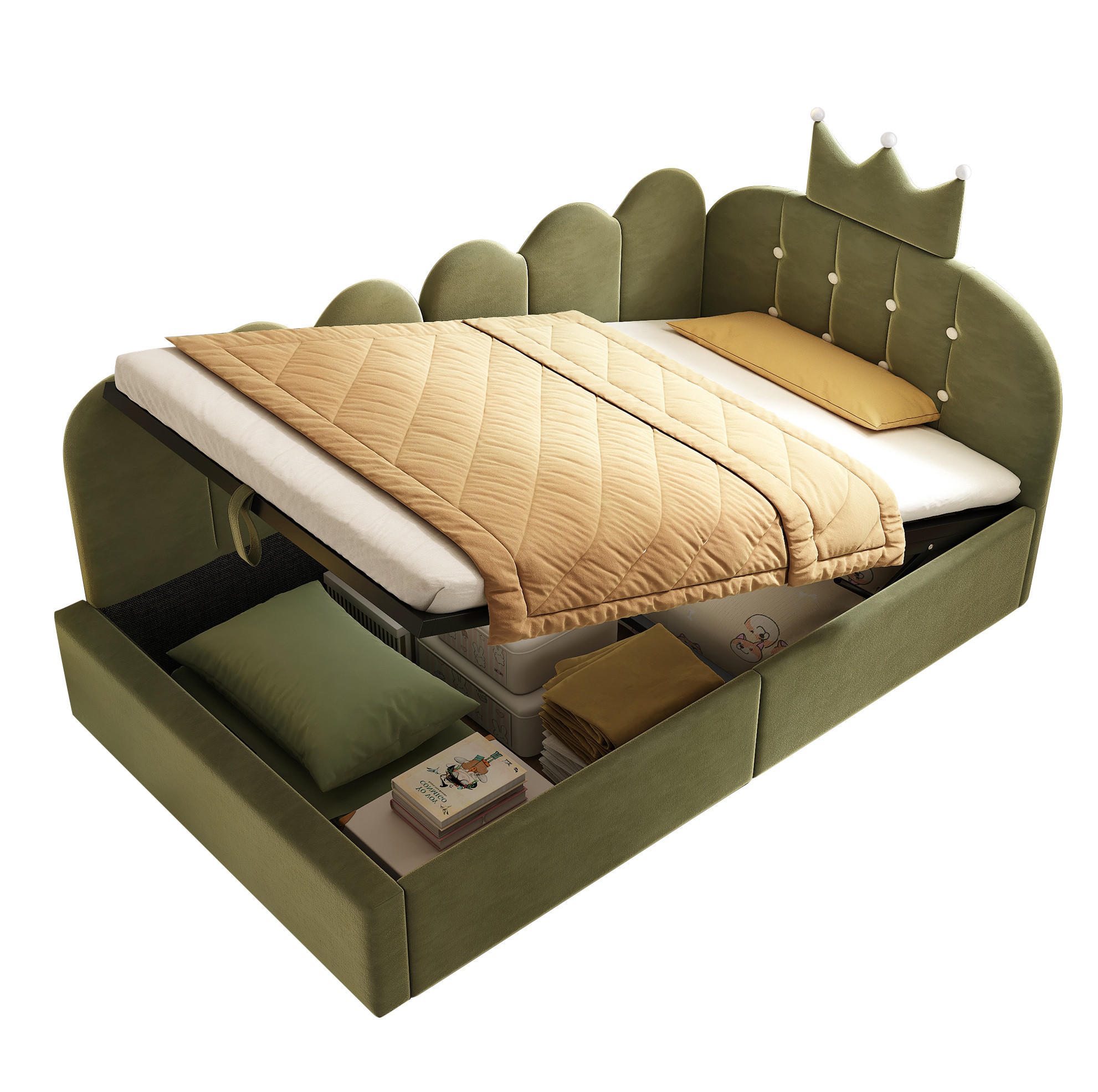 KINDERBETT Polsterbett 90/190 cm aus Samt mit Stauraum und Kronendesign Grün - Grün, Textil (90/190cm) - Modenvie