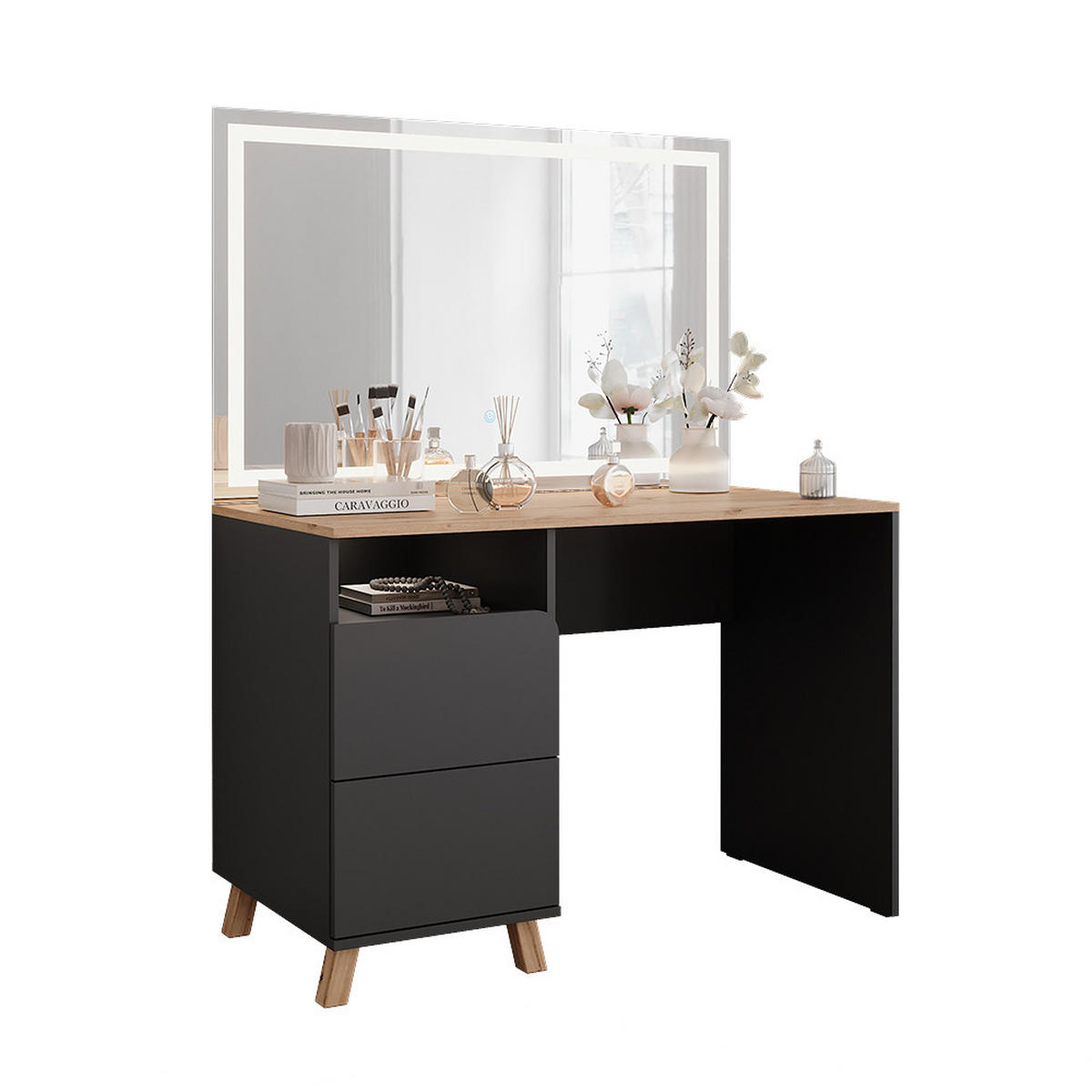 SCHMINKTISCH Karen Anthrazit/Artisan 110 cm mit LED-Spiegel - Anthrazit/Eiche Artisan, Holzwerkstoff (110/75/55cm) - Vicco