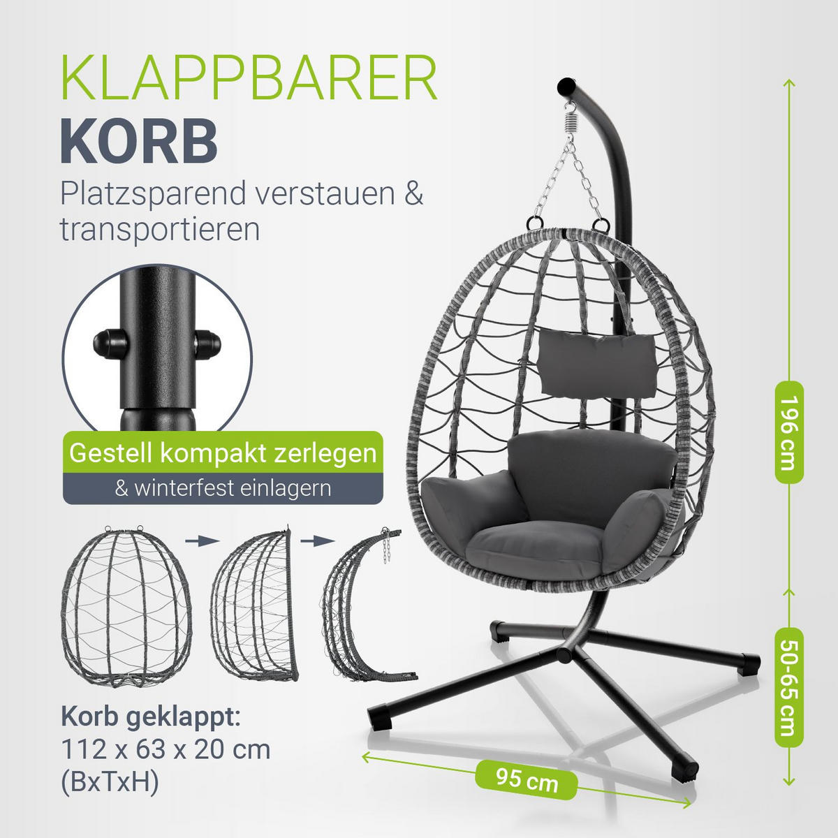 KORBHÄNGESESSEL Aria grau inkl. waschbare Bezüge - Grau, Kunststoff/Metall (95/196/95cm) - Juskys