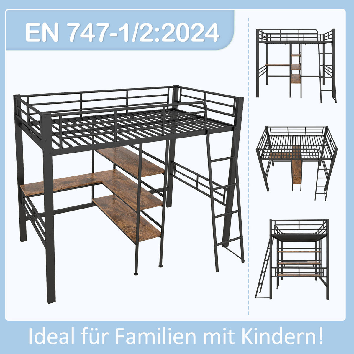 HOCHBETT 90/200 cm aus Metall mit Schreibtisch und Regalen Schwarz - Schwarz, Metall (90/200cm) - Modenvie