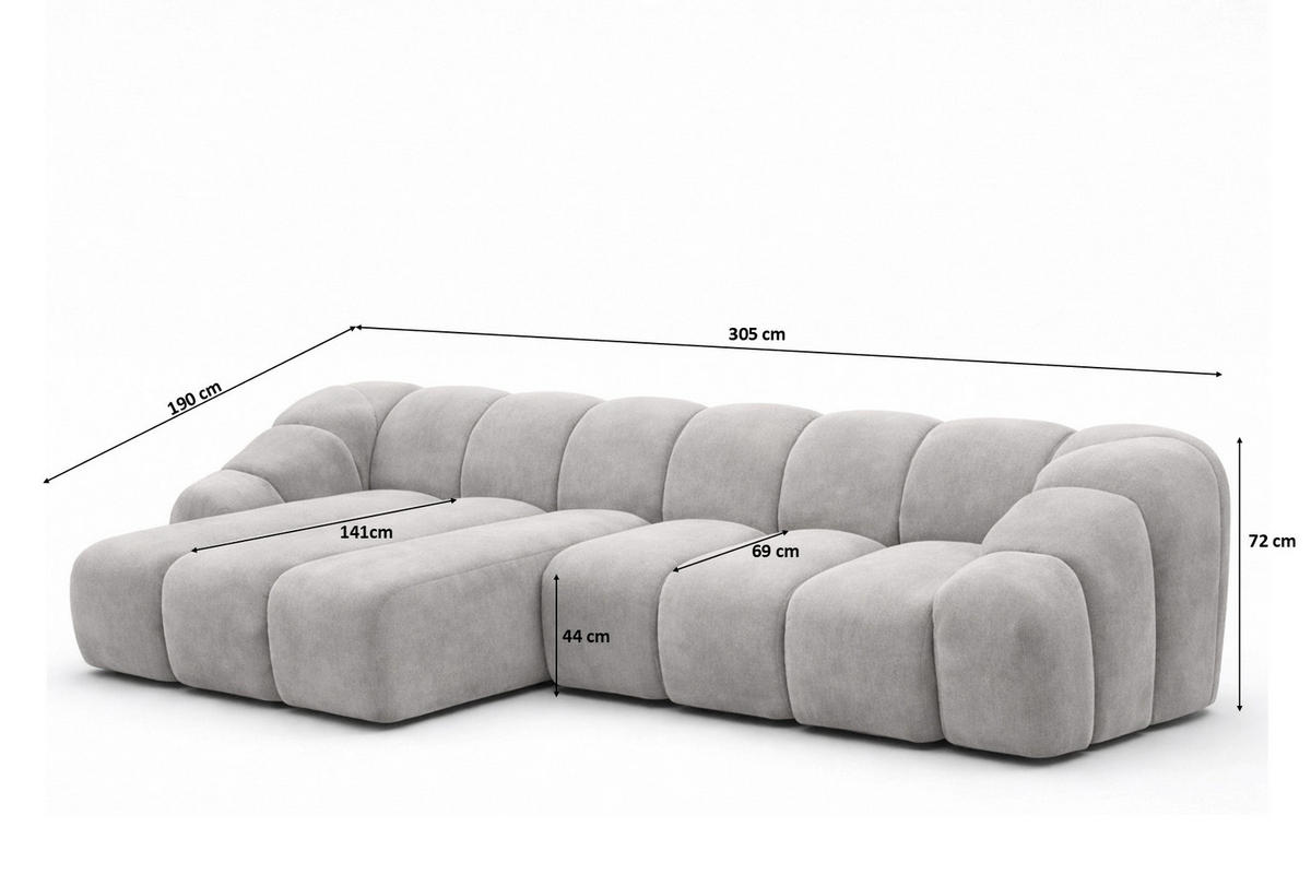ECKSOFA Modulare L-Form, Veloursstoff Bluvel, Grau, Links, CROISSANT L - Grau, Holz (305/190cm) - Kaiser Möbel