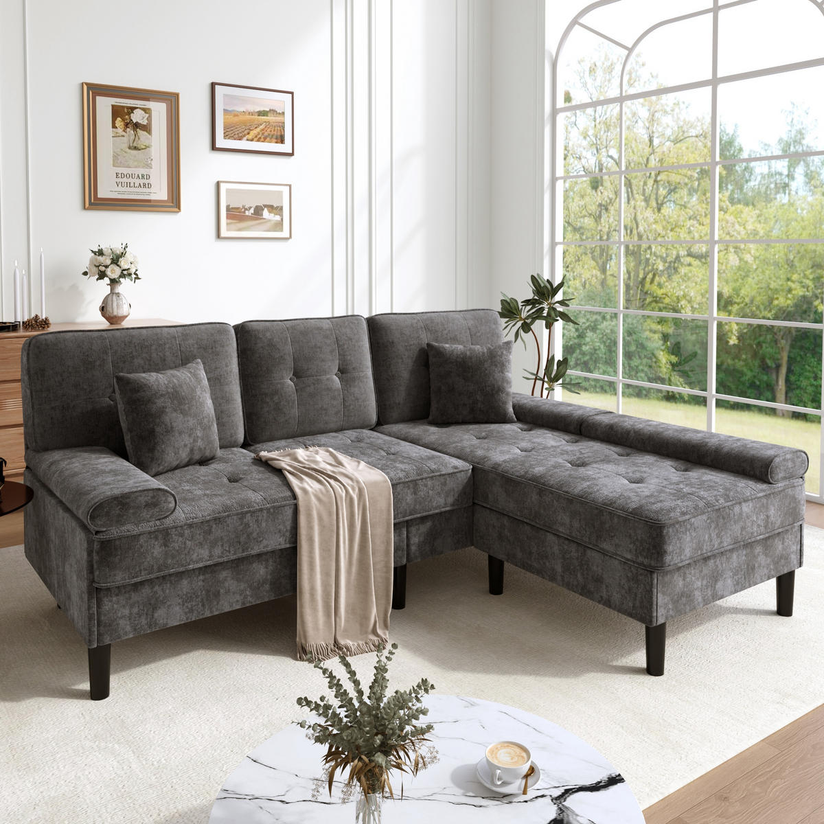 ECKSOFA Chenille mit modularer Fußbank 195/149/86 cm Grau - Grau, Textil (149/195cm) - Redom