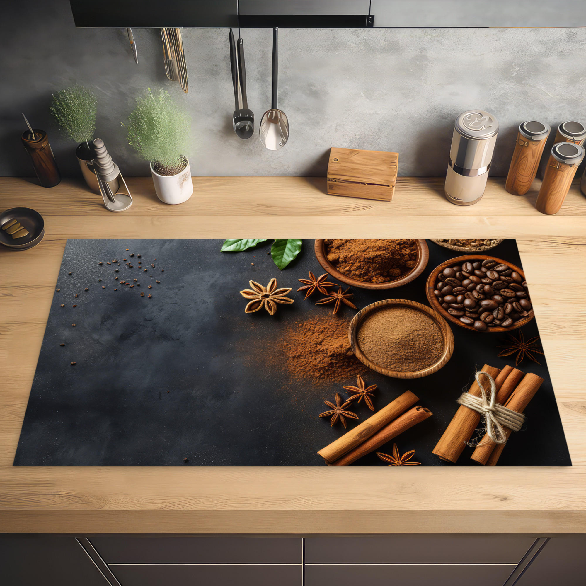 HERDABDECKPLATTE Zimt - Beton - Kaffee - Zimtstangen - Gewürze 90x52 cm - Mokka, Kunststoff (90/0.2/52cm) - MuchoWow