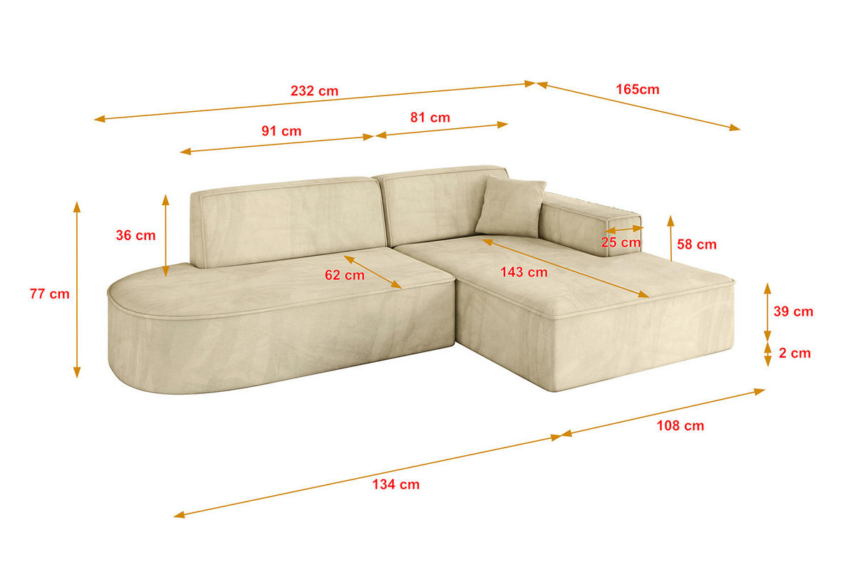 ECKSOFA Ottomane Rechts IREA-L1-v4 - 232x165x77 cm Beige - Taupe, Holzwerkstoff/Textil (232/165cm) - ALTDECOR