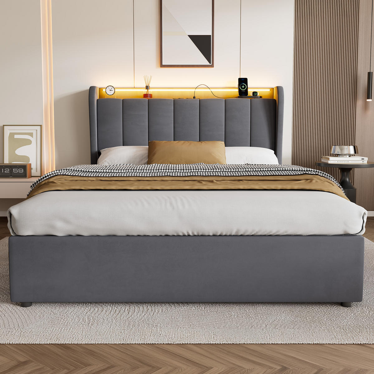 ČALOUNĚNÁ postel 140x190 cm tmavě šedá ze sametu s LED osvětlením, hydraulickým úložným boxem a nabíjecím konektorem - tmavě šedá, textil (140/190cm) - OKWISH