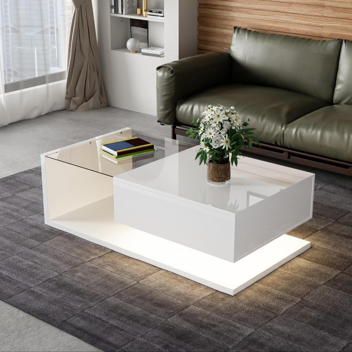 COUCHTISCH Weiß Hochglanz 105x55x32 cm, Glasplatte, Ablagefach, Modern - Weiß, Holz (55/105/32cm) - PARAFTA HOME