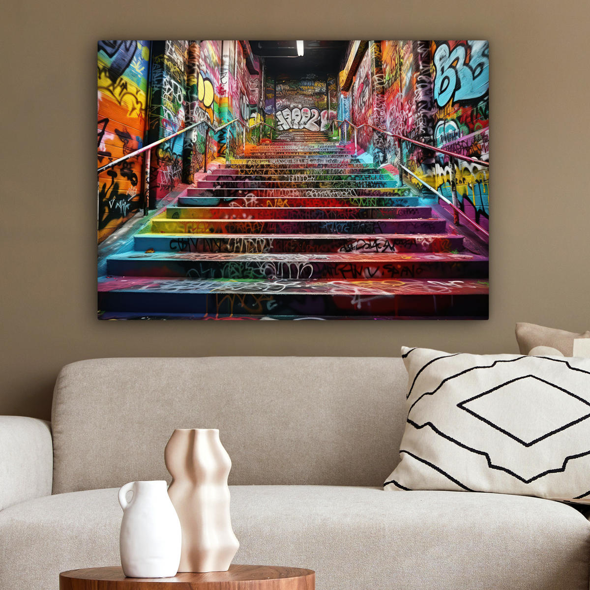 LEINWANDBILD Treppe - Graffiti - Farben - Kunst Wandbilder 80x60 cm - Multicolor, Textil (80/60cm) - MuchoWow