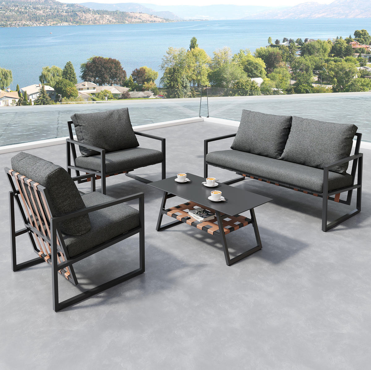 GARTENLOUNGE 114/57/80 cm schwarz aus PVC mit Couchtisch und Kissen - Schwarz, Kunststoff - OKWISH