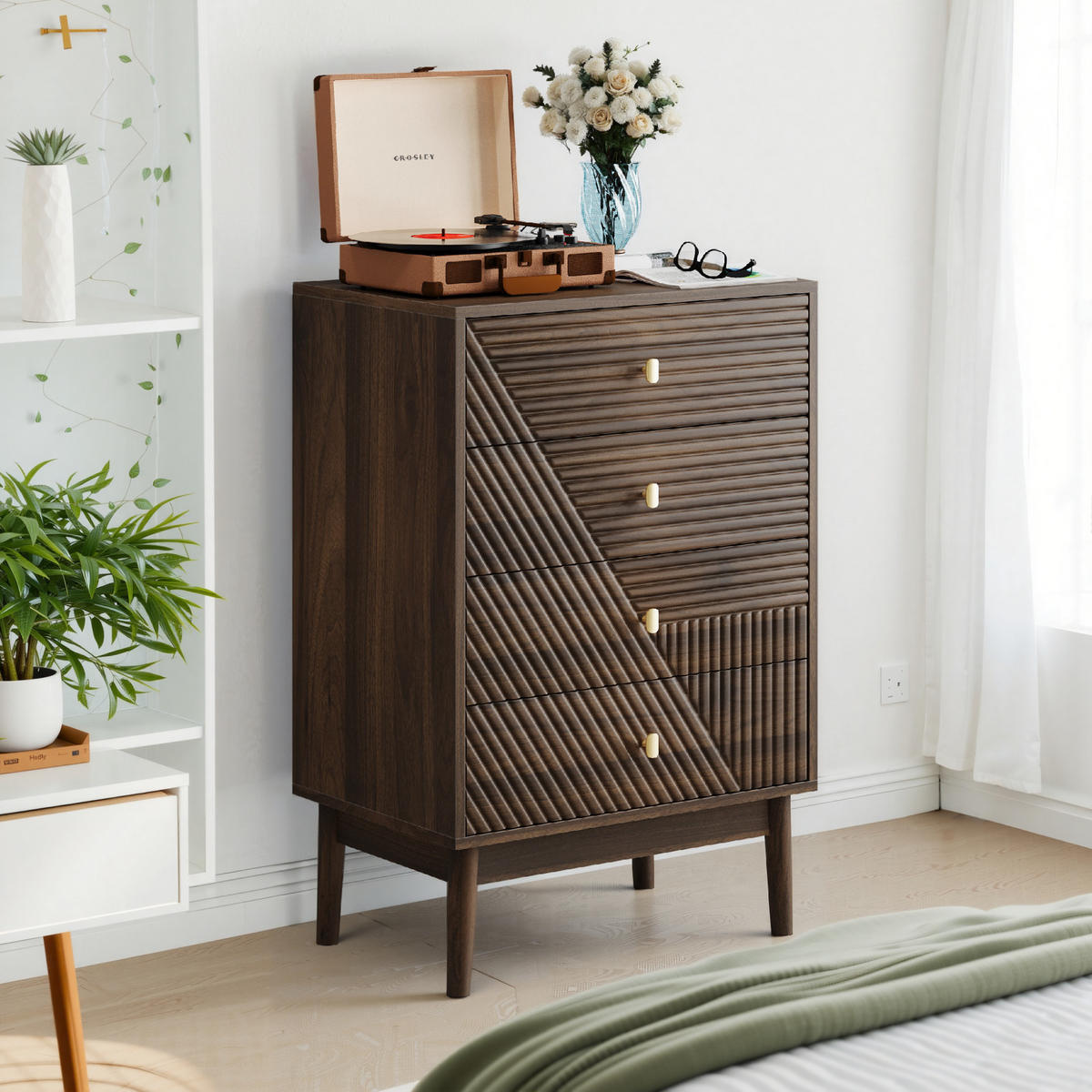 KOMMODE aus MDF und Spanplatte 60x40x90 cm Walnuss mit 4 Schubladen im Mid-Century-Stil - Walnussfarben, Holzwerkstoff (60/90/40cm) - Modfu