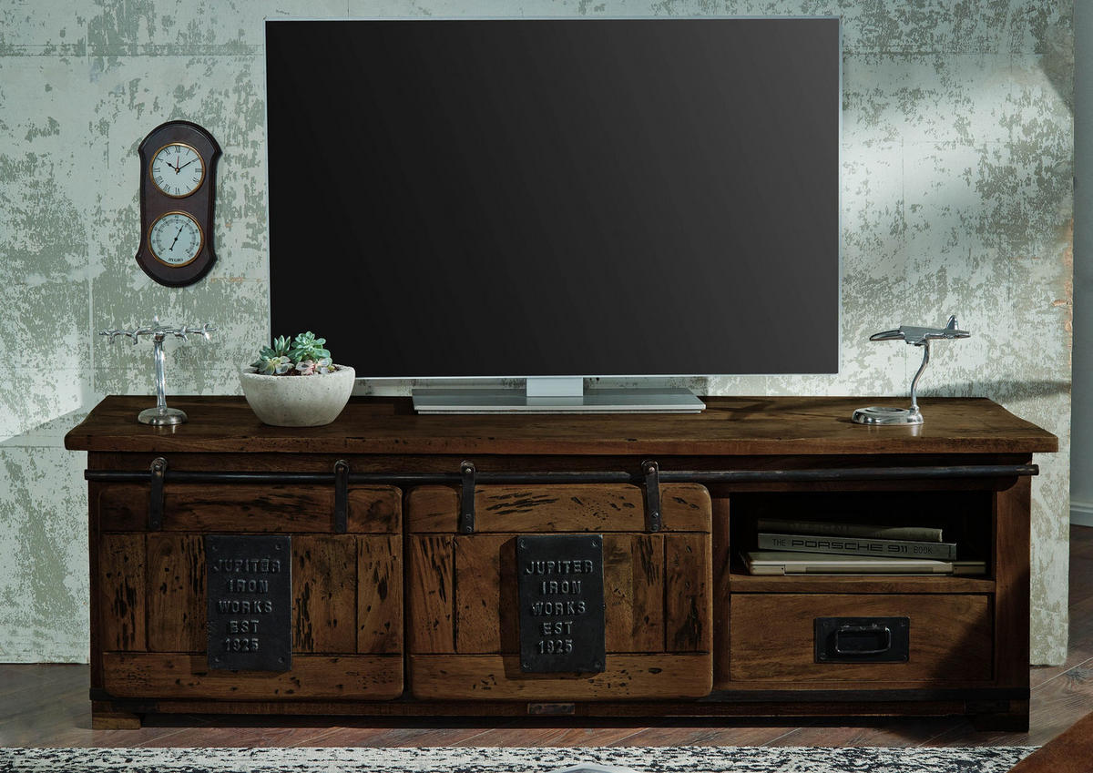 TV-BOARD Mango 160x45x50 braun lackiert RAILWAY #401 - Braun, Holz (160/50/45cm) - Massivmoebel24