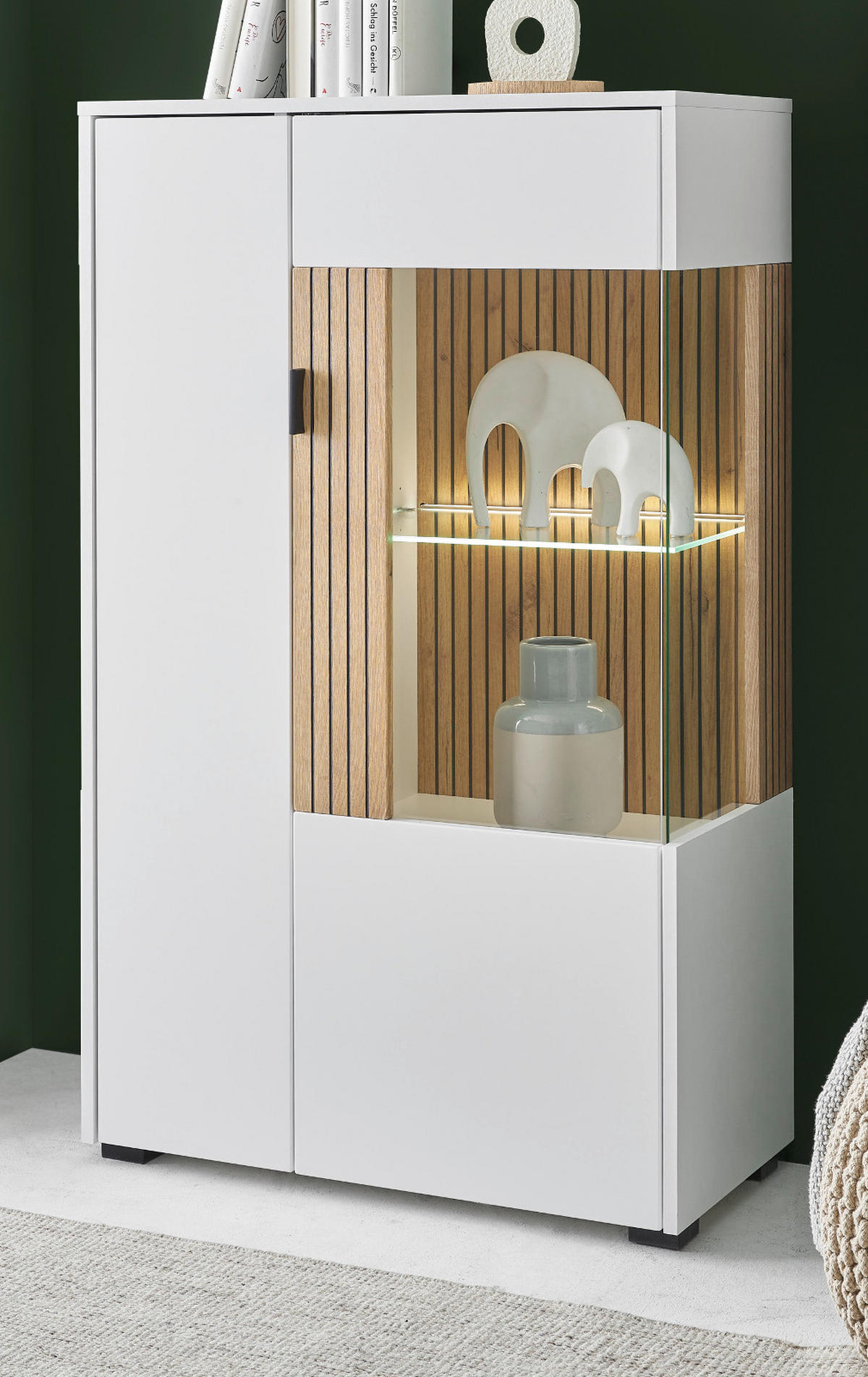 VITRINE weiß matt, Eiche 75 x 125 cm, Highboard mit Soft-Close-Funktion - Eichefarben/Schwarz, Glas/Holzwerkstoff (75/125/38cm)
