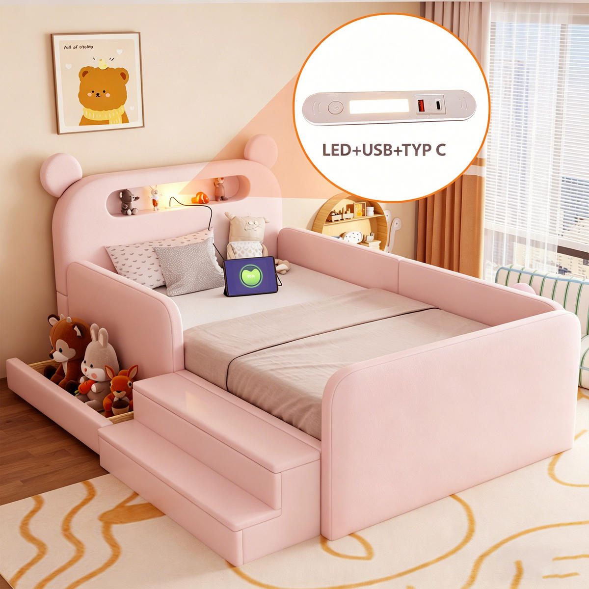 KINDERBETT 90x200cm Bärenkopfteil Nachtlicht Stauraum Rosa - Pink, Textil (90/200cm) - FLIEKS