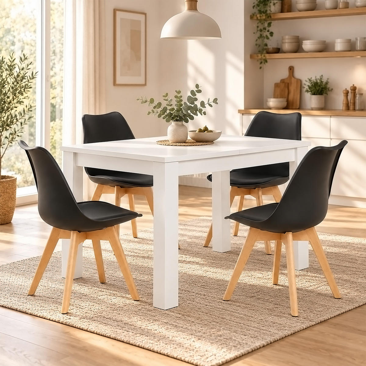 TISCHGRUPPE 120/80 cm Weiß mit 4 Stühlen schwarz - Beige/Schwarz, Holz/Kunststoff (80/80/120cm) - Homestyle4u