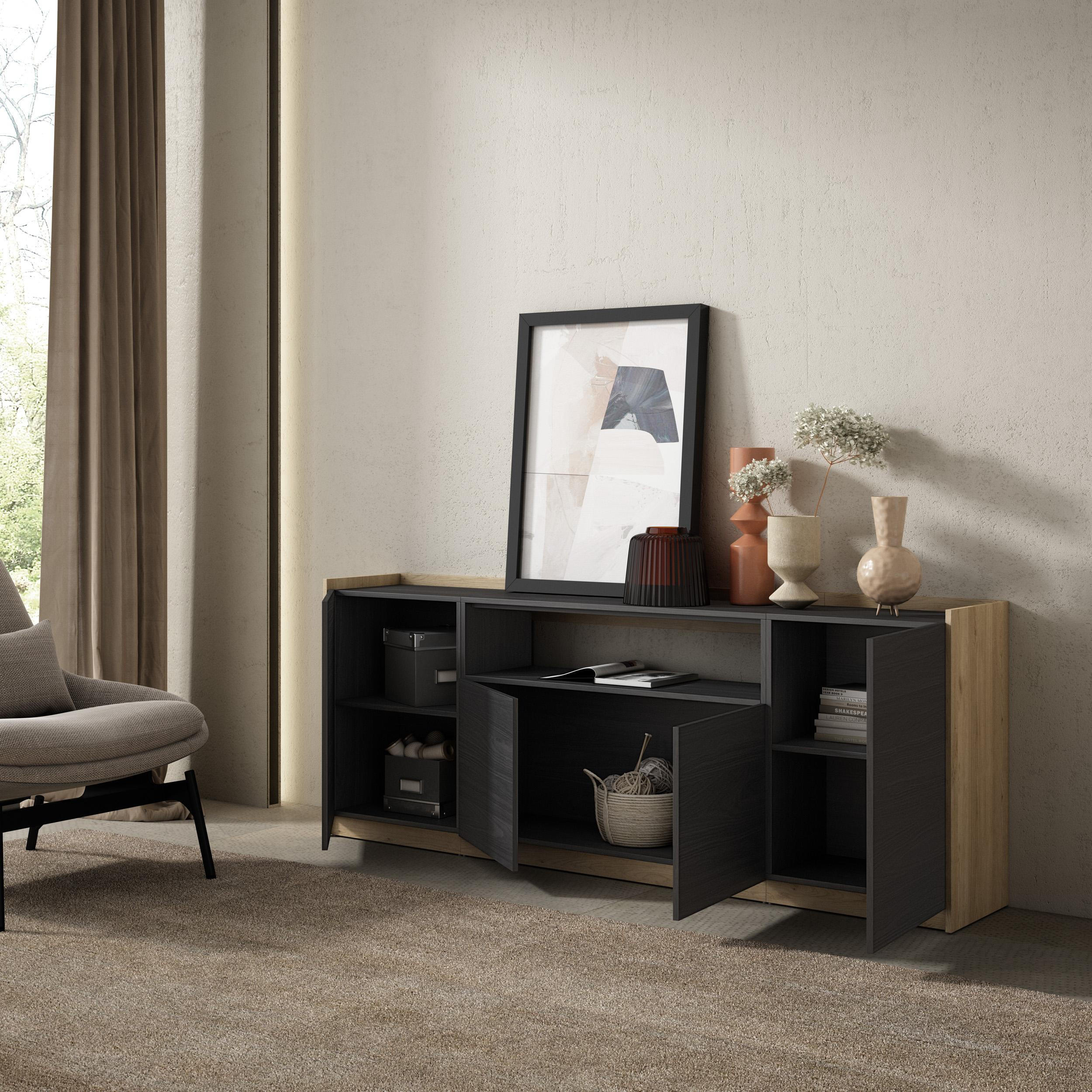 SIDEBOARD, Highboard, Schwarz Eiche, 207/37/80cm - Schwarz, Holzwerkstoff (207/80/37cm) - Skraut Home