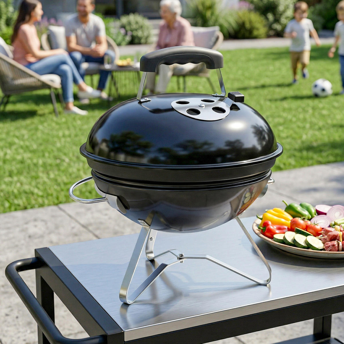 HOLZKOHLEGRILL DE-10311 tragbarer Kugelgrill mit Deckel Schwarz - Schwarz, Metall (41/44/41cm) - ComfortXL