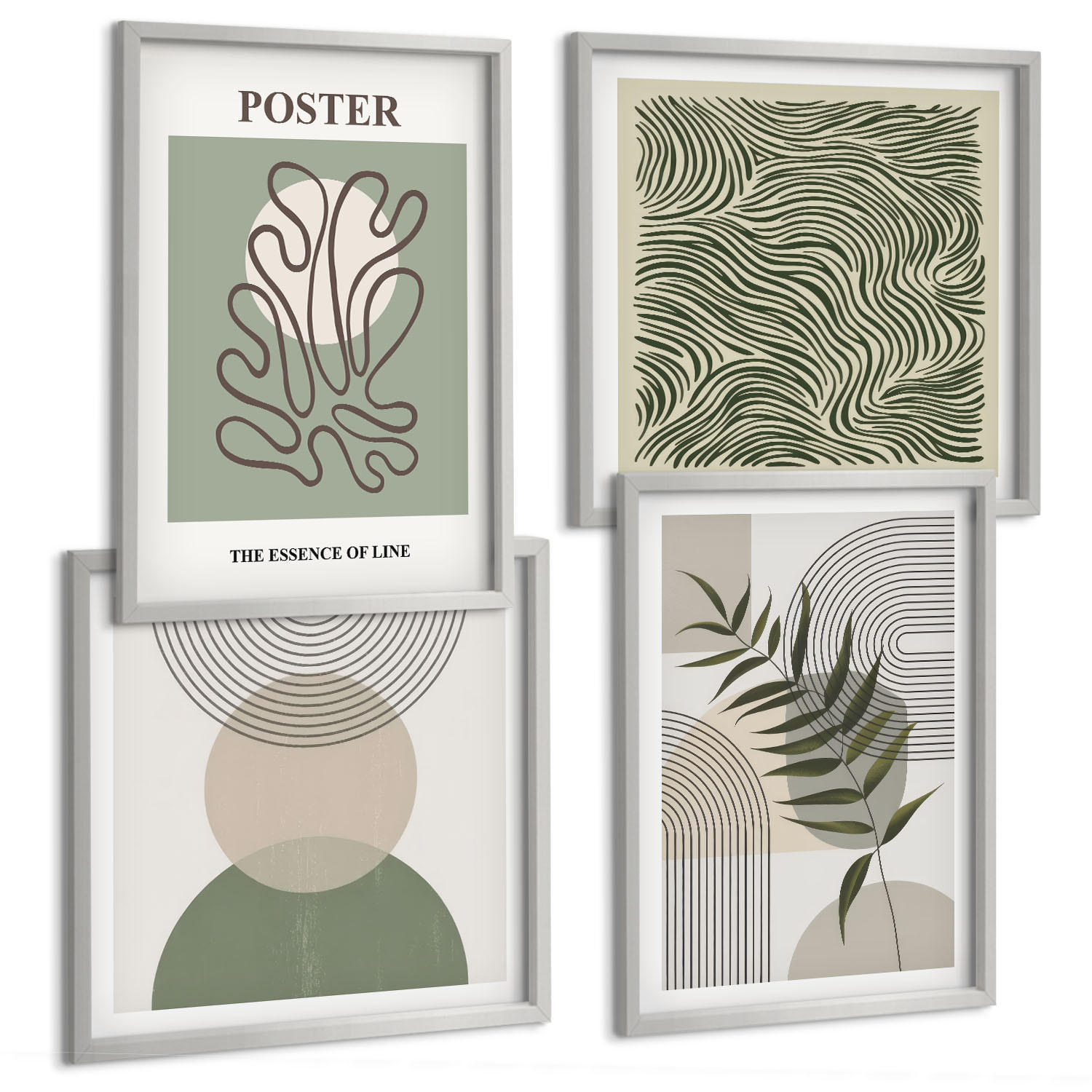 BILDER SET 4er Set - 50x50 cm & 40x60 cm Silberner Rahmen - Geometrische botanische Muster - Silberfarben, Kunststoff (50/50cm) - TULUP