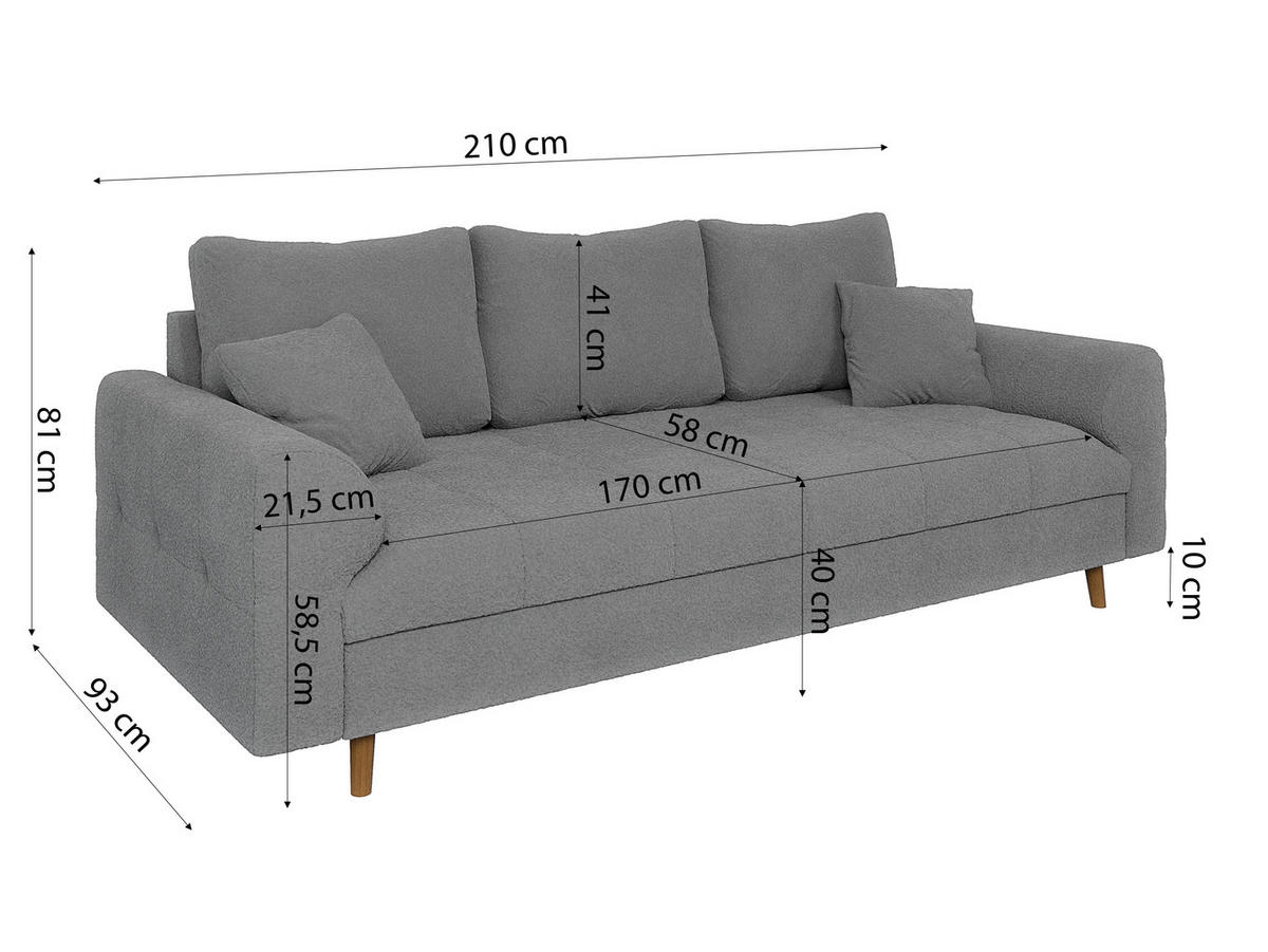 3-SITZER-SOFA Henrik Grau Boucle - Braun/Grau, Holz/Textil (210/81/93cm) - S-Style Möbel