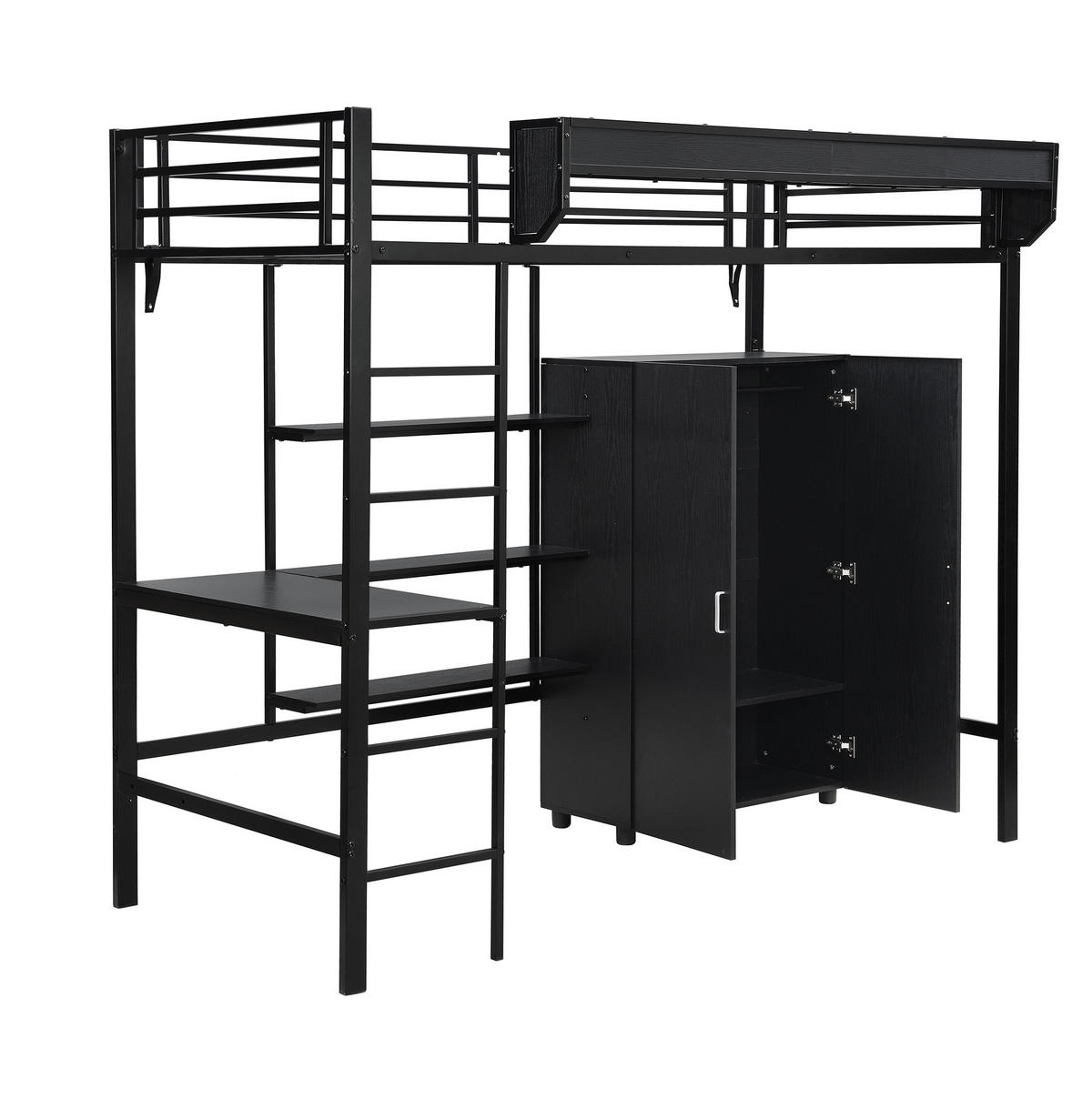 HOCHBETT 90/200 cm aus Metall und Holzwerkstoff mit Tisch und Kleiderschrank Schwarz - Weiß, Metall (90/200cm) - Modenvie