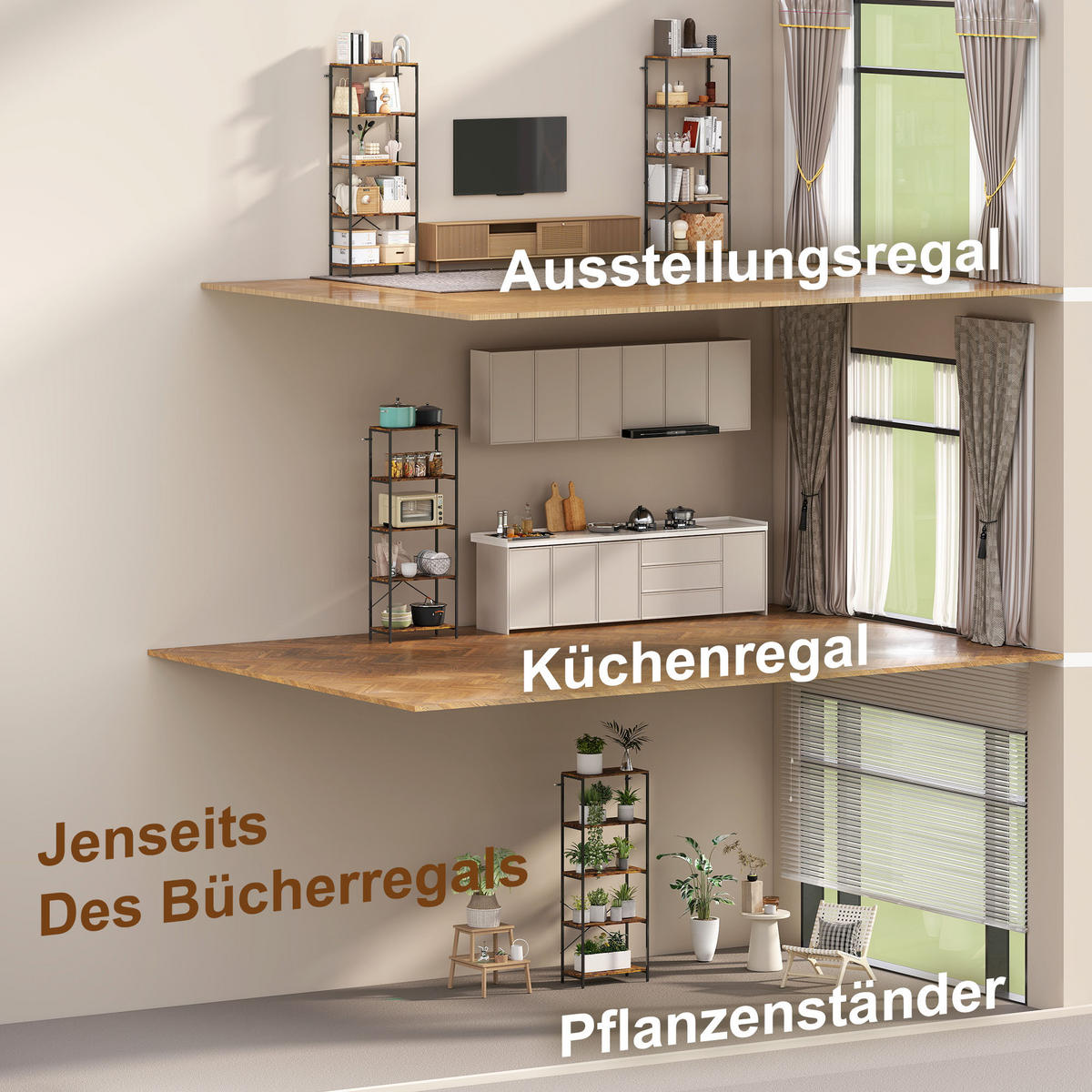 BÜCHERREGAL Standregal mit 5 Ebenen Büroregal Braun - Schwarz/Braun, Metall (35/161/79cm) - HOMCOM