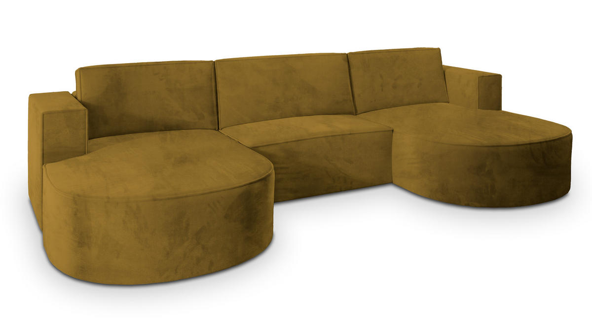 WOHNLANDSCHAFT VEZZO M Gelb Velours-Stoff mit Schlaffunktion - Gelb, Holz (347/85/174cm) - MASSENO