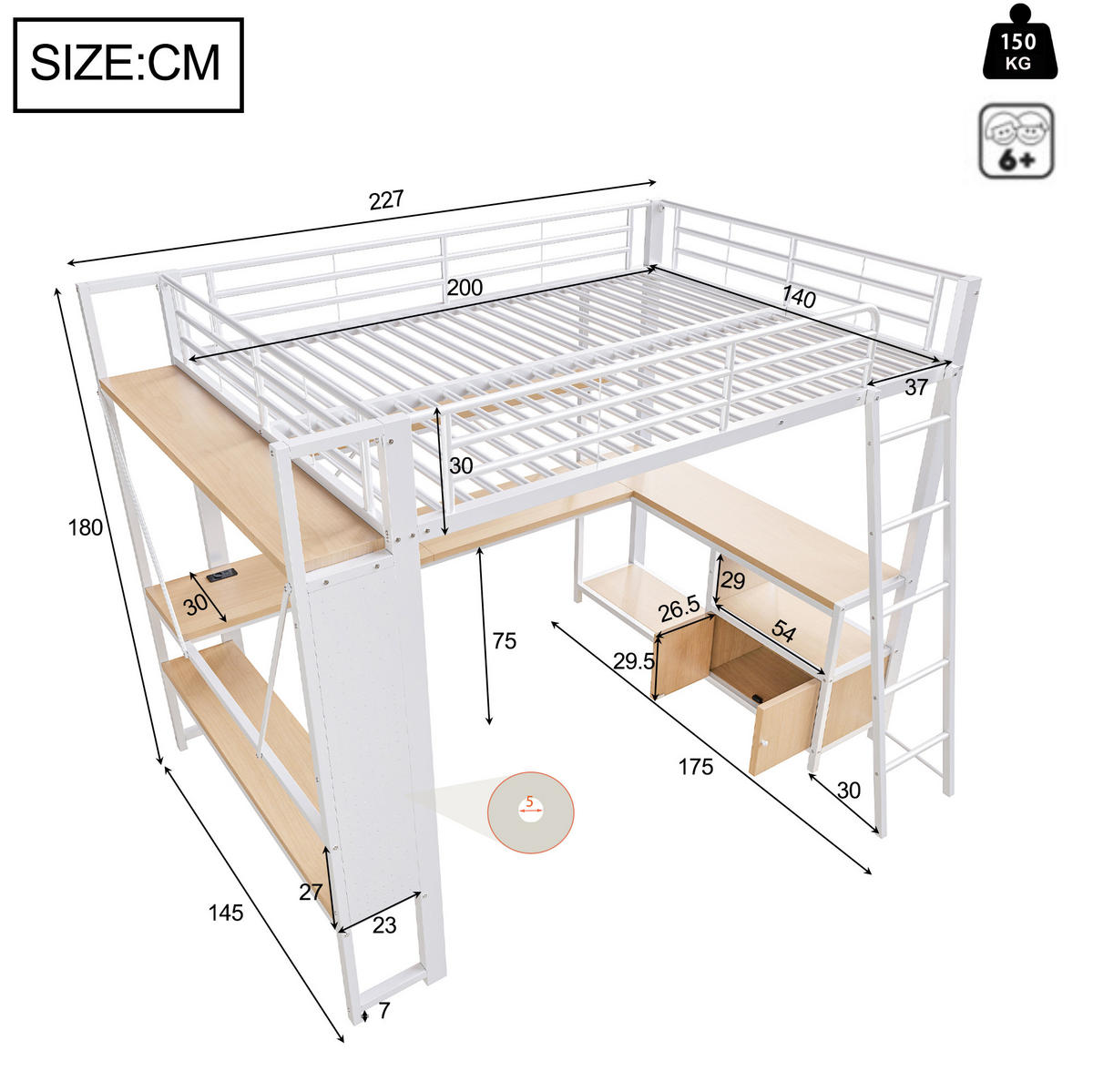 HOCHBETT 140/200 cm Weiß aus Metall und MDF mit Schreibtisch - Weiß, Metall (140/200cm) - OKMYHOME