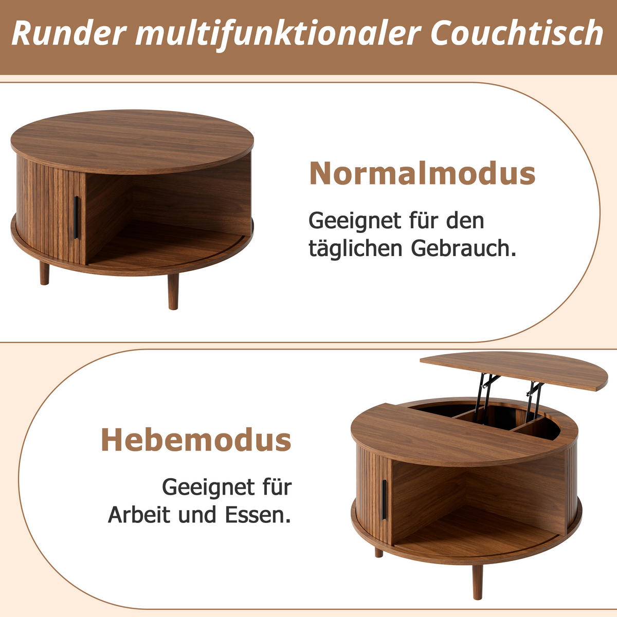 COUCHTISCH in Holzoptik Runder Wohnzimmertisch mit höhenverstellbar Stauraum und Schiebetür, 80 B / 80 T / 59 H(cm) - Dunkelbraun, Holzwerkstoff (80/80/59cm) - STILVORA