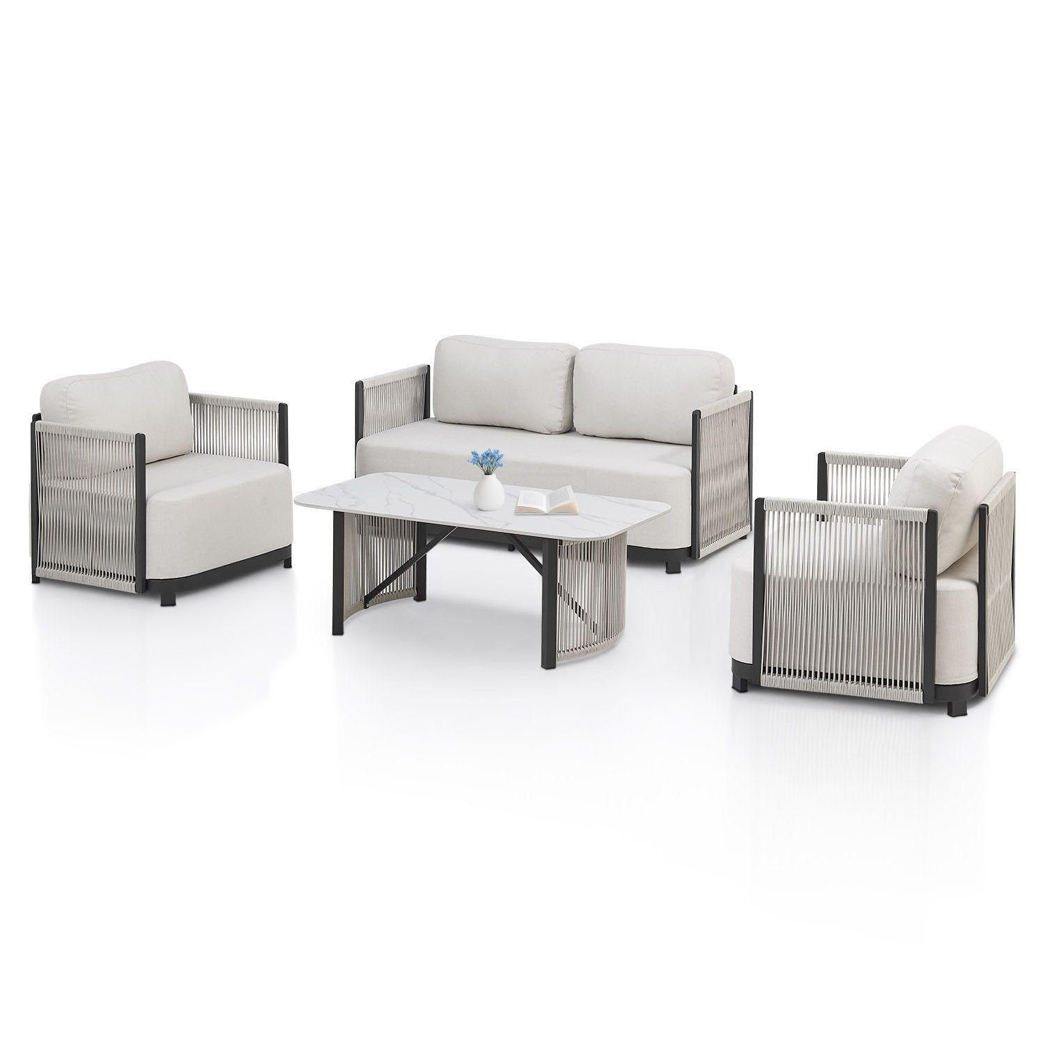 GARTEN-LOUNGE-SET Curacao beige 4-tlg. - Beige, Metall - Juskys