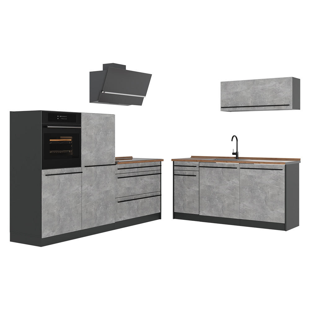 KUCHYŇSKÝ KOUT R-Line, Beton/Antracit, 220 cm pracovná doska Dub Goldkraft - šedá/antracitová, kompozitní dřevo (220/143/60cm) - Vicco