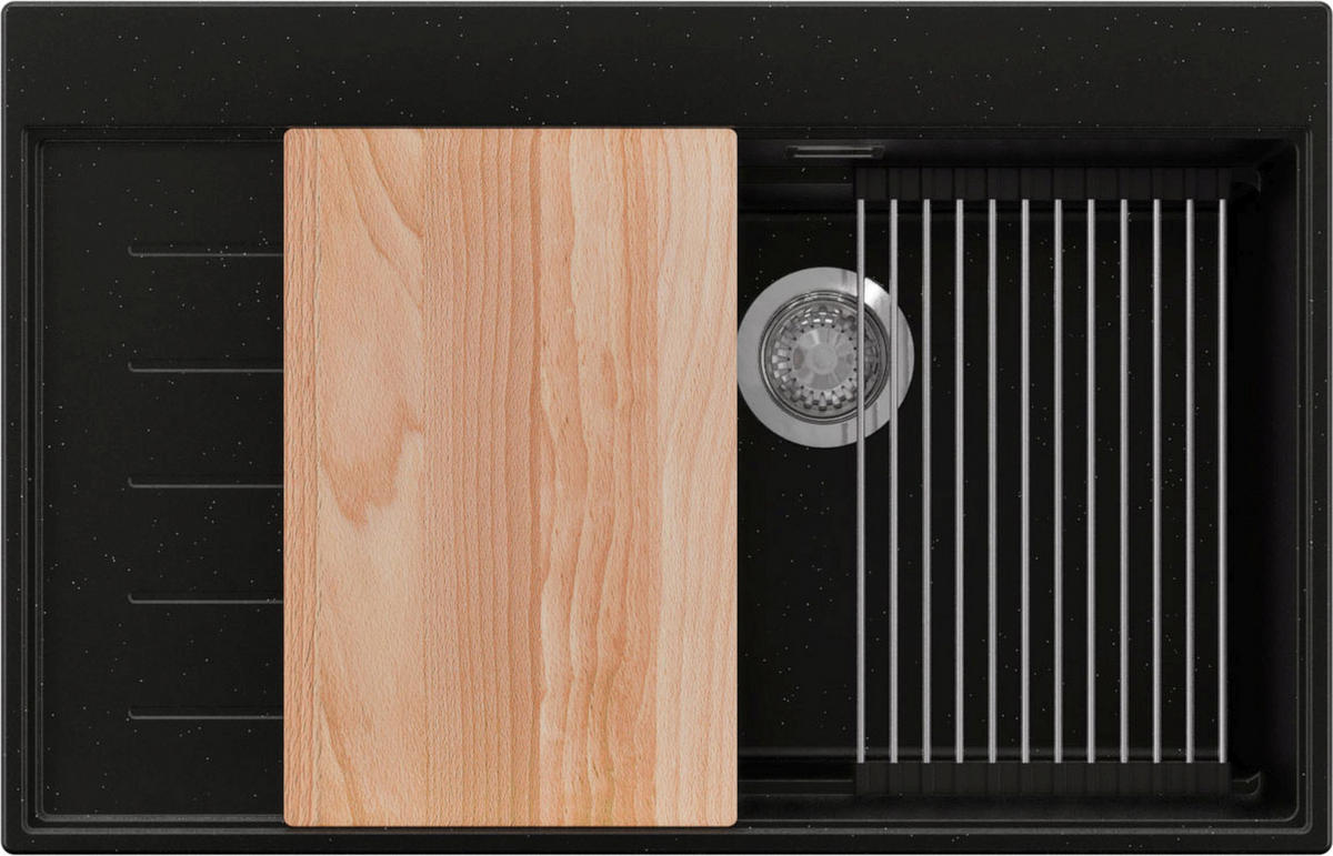 SPÜLBECKEN Sydney, 2-er set Schwarz Metallic 78/50 cm 1 Becken + Ablauf-Set + Küchenzubehörset ab 60er Unterschrank - Chromfarben/Schwarz Hochglanz, Kunststoff (78/20/50cm) - Primagran