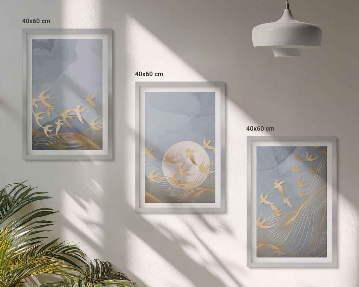 BILDER SET 3er Set - 40x60 cm Silberner Rahmen - Vögel, die am Himmel fliegen - Silberfarben, Kunststoff (40/60cm) - TULUP