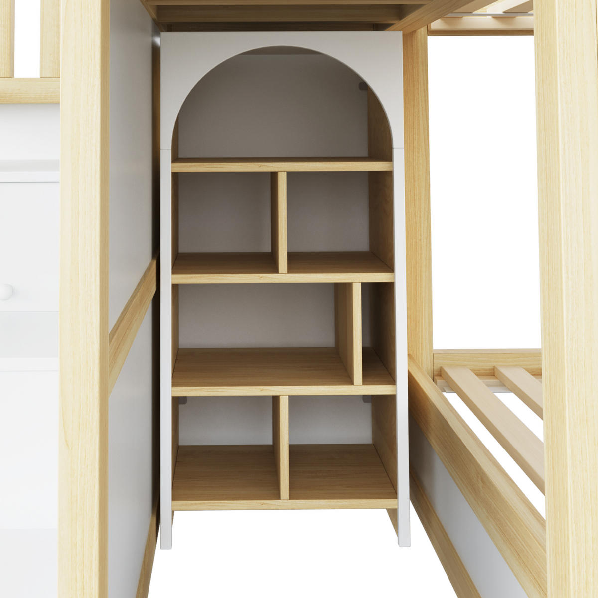 ETAGENBETT 90/200 cm in Weiß/Grün/Grau mit Schubladen, Stauraum, Leiter und Fenstern aus Holz - Weiß, Holzwerkstoff (90/200cm) - STILVORA