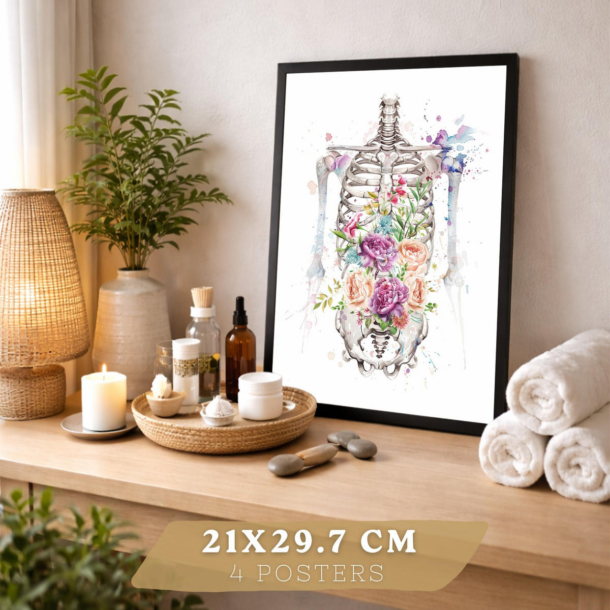 POSTER Set aus 4 Anatomie Mensch Drucke und mit Herz Gehirn Lungen Luftröhre Bronchien Wirbelsäule Florales Aquarell Design Größe Schwarzer Rahmen A4 - Schwarz, Papier (21/29.7/3cm) - Nacnic