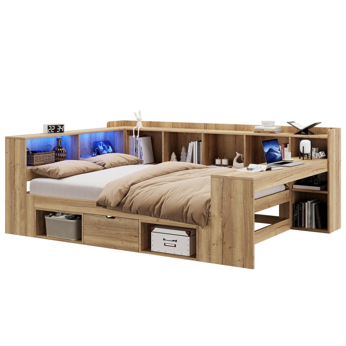 TAGESBETT 140x200 cm mit Regale&Schubladen in Naturfarbe - Naturfarben, Holz (140/200cm) - KOMHTOM